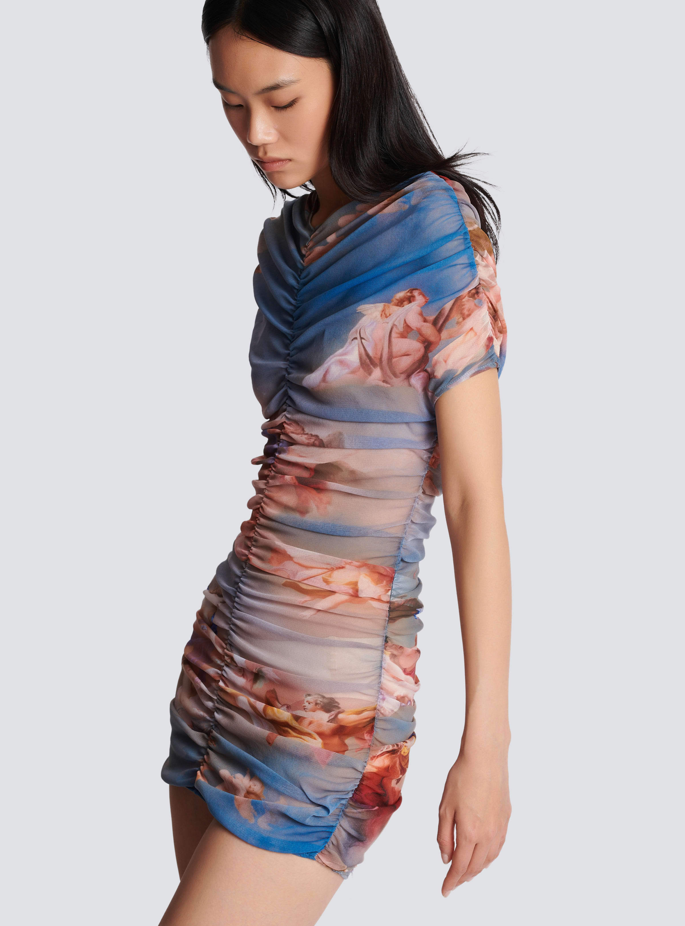 Balmain Sky-print Ruched Tulle Mini Dress In Multicolor