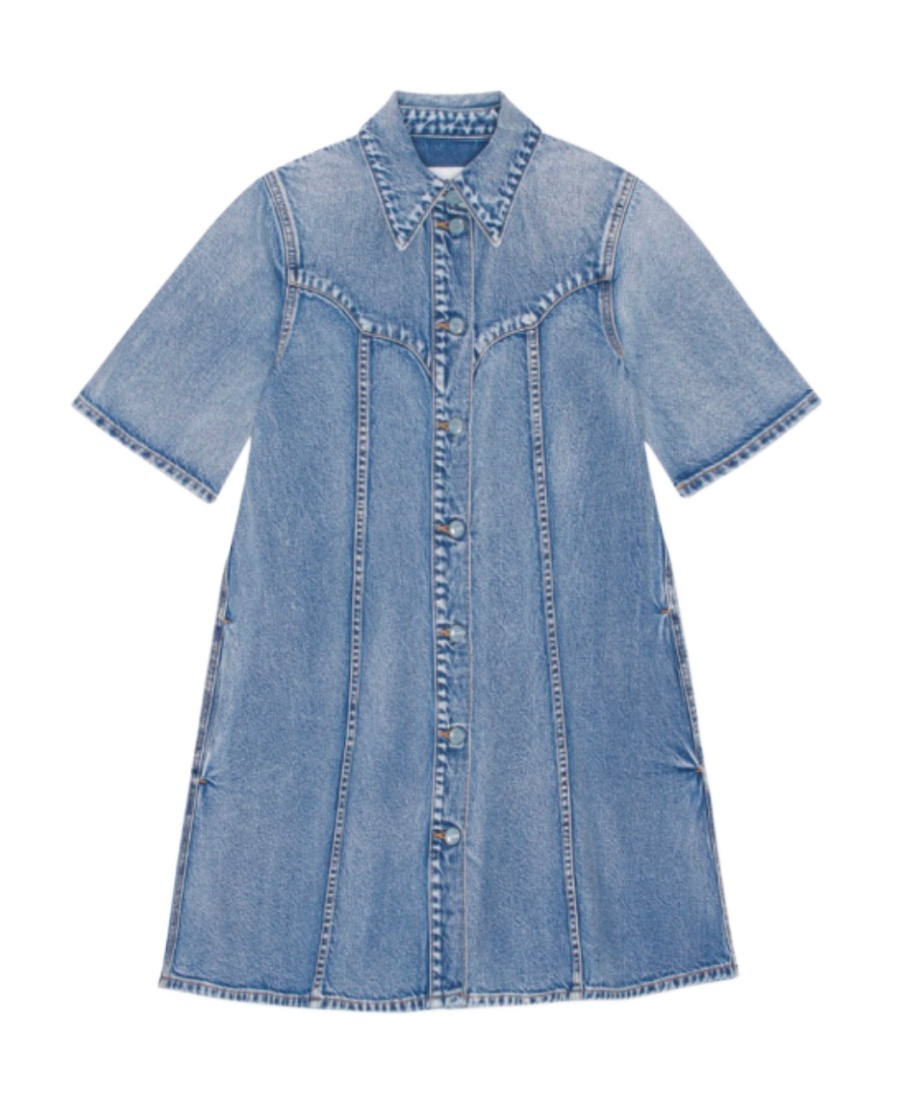 Ganni Short-sleeved Denim Minidress In Blue