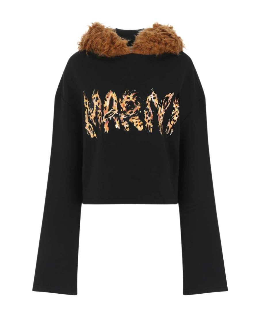 Marni Furry Hood Logo-print Sweatshirt In Black