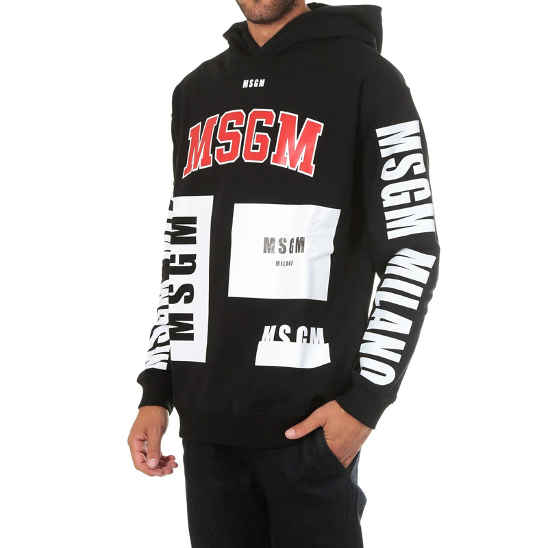 Msgm Black Printed Hooded Hoodie In Black