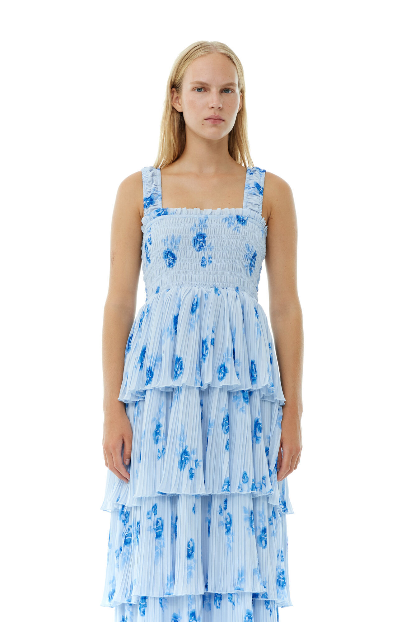 Ganni Ruffled Shirred Pleated Georgette Midi Dress In Blue