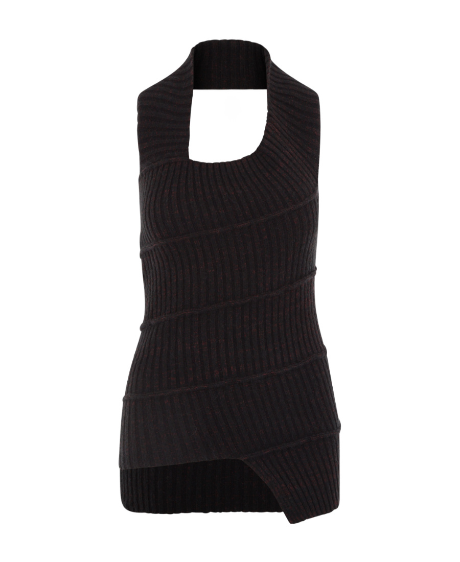 Shop Mm6 Maison Margiela Cut Out Detailed Asymmetric Knitted Top In Black