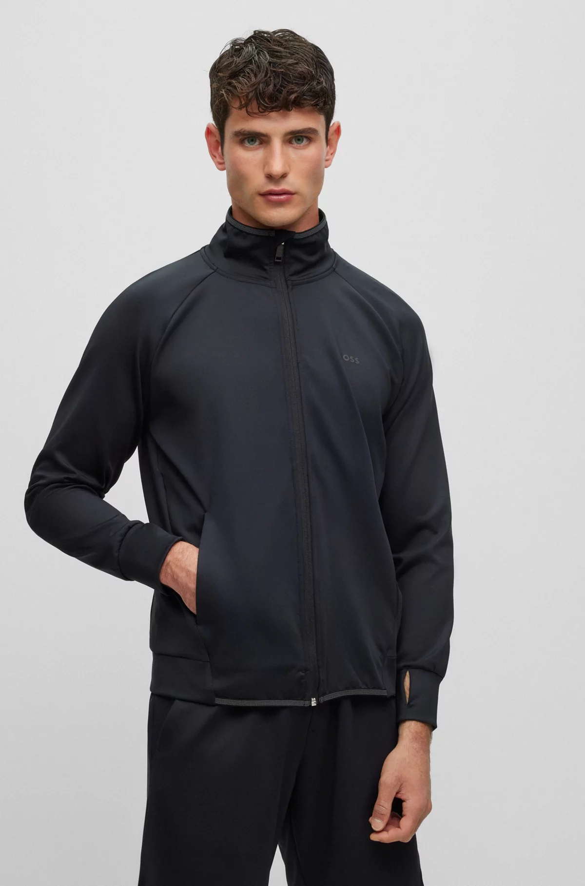 Hugo Boss Zip-up Sweatshirt In Active-stretch Fabric In Black