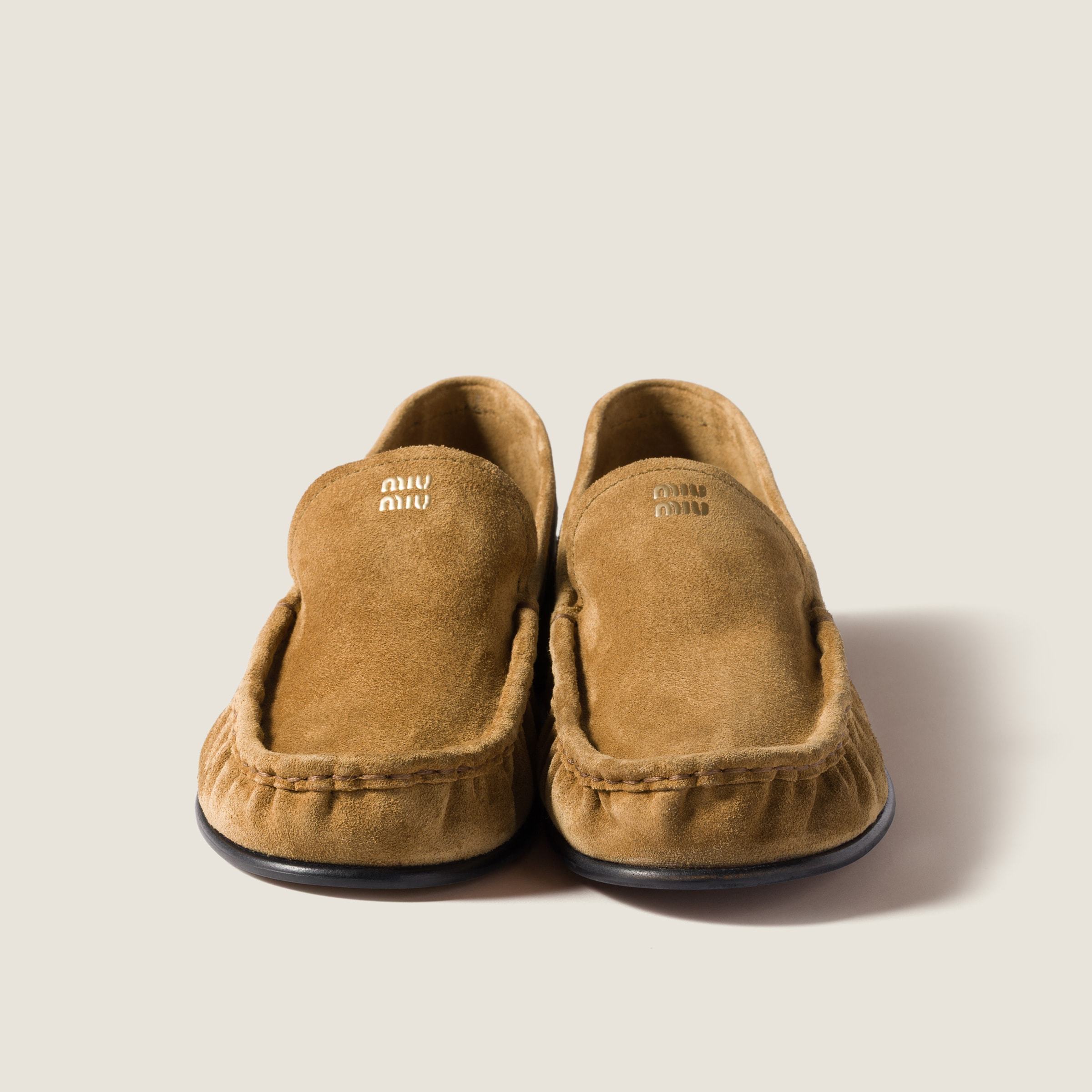 Miu Miu Embossed-logo Suede Loafers In Brown