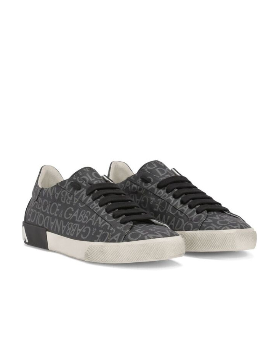 Dolce & Gabbana Leather And Fabric Low-top Sneakers With All-over Motif In Black