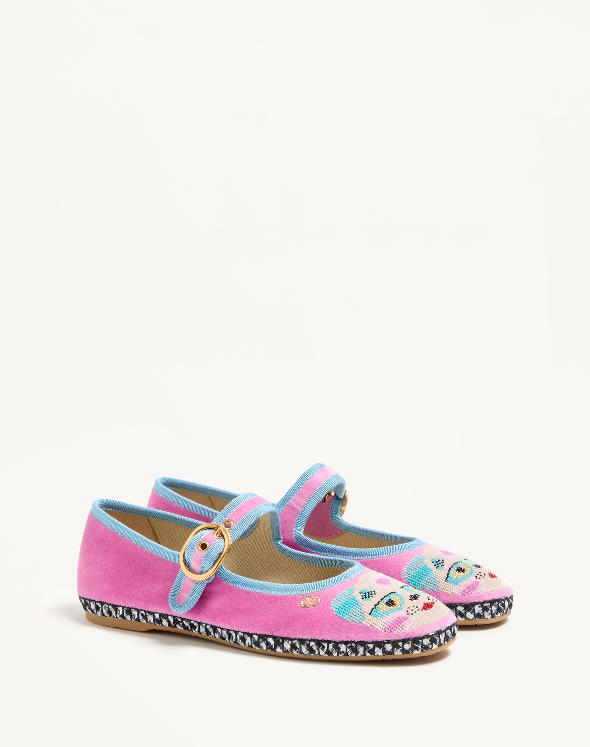 Valentino Garavani Mary-jane Endouce Velvet Ballerina With Le Chat De La Maison Embroidery Woman Pin In Pink