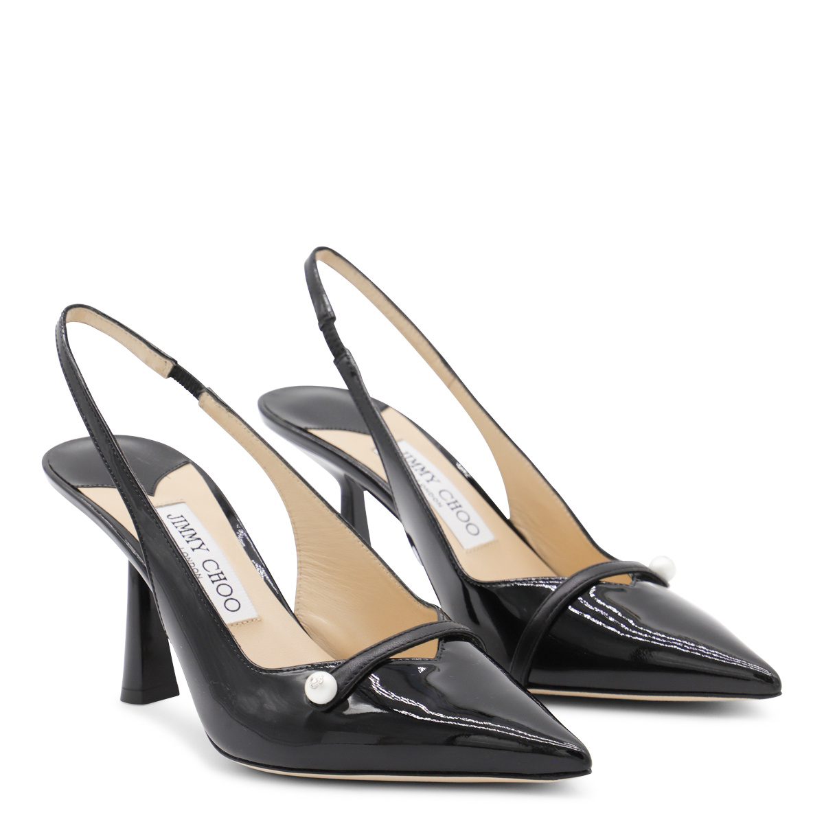 Jimmy Choo Button Detail Patent Pointed Stiletto Pumps In Black