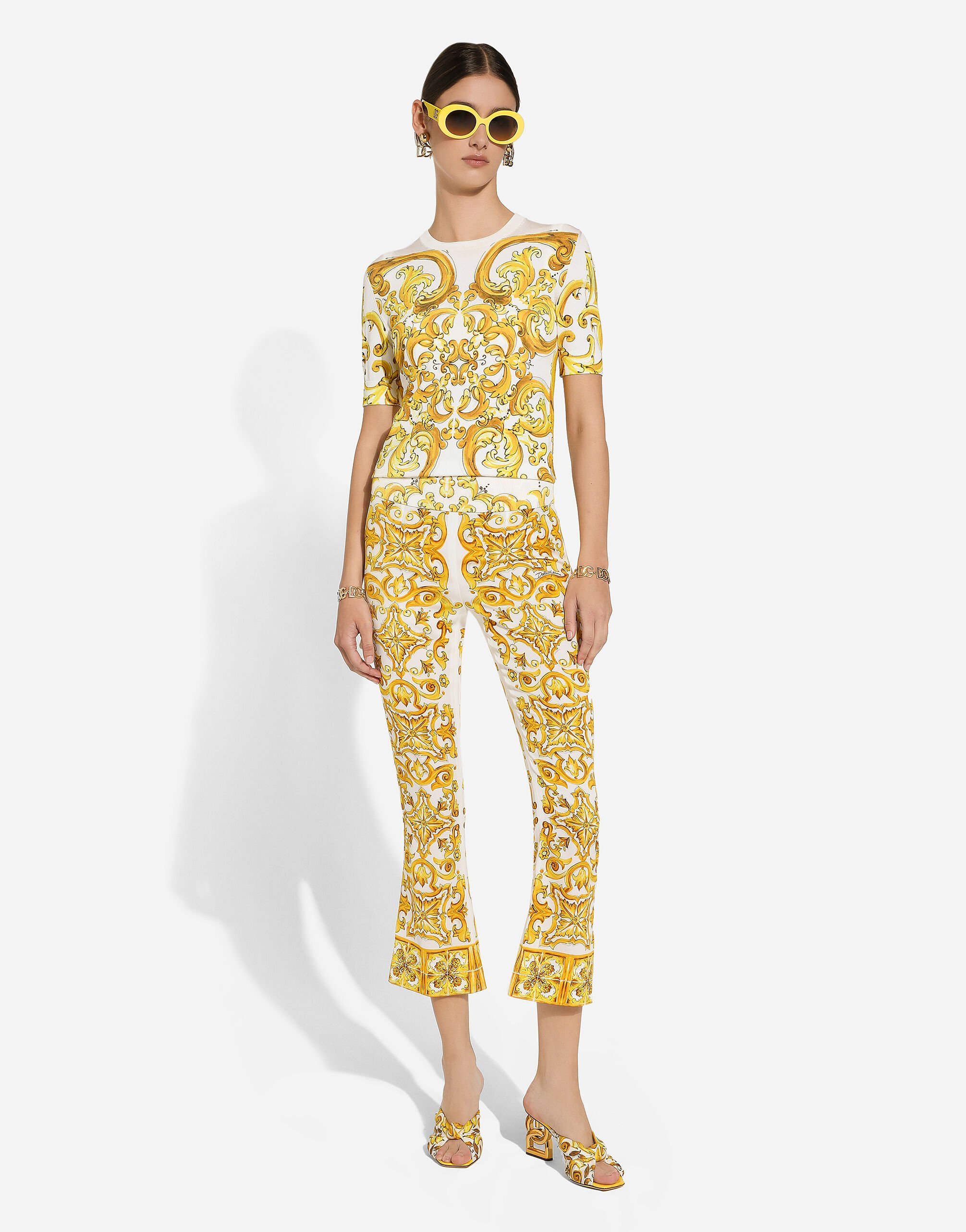 Dolce & Gabbana Majolica Trumpet-leg Silk Pants In Multicolor
