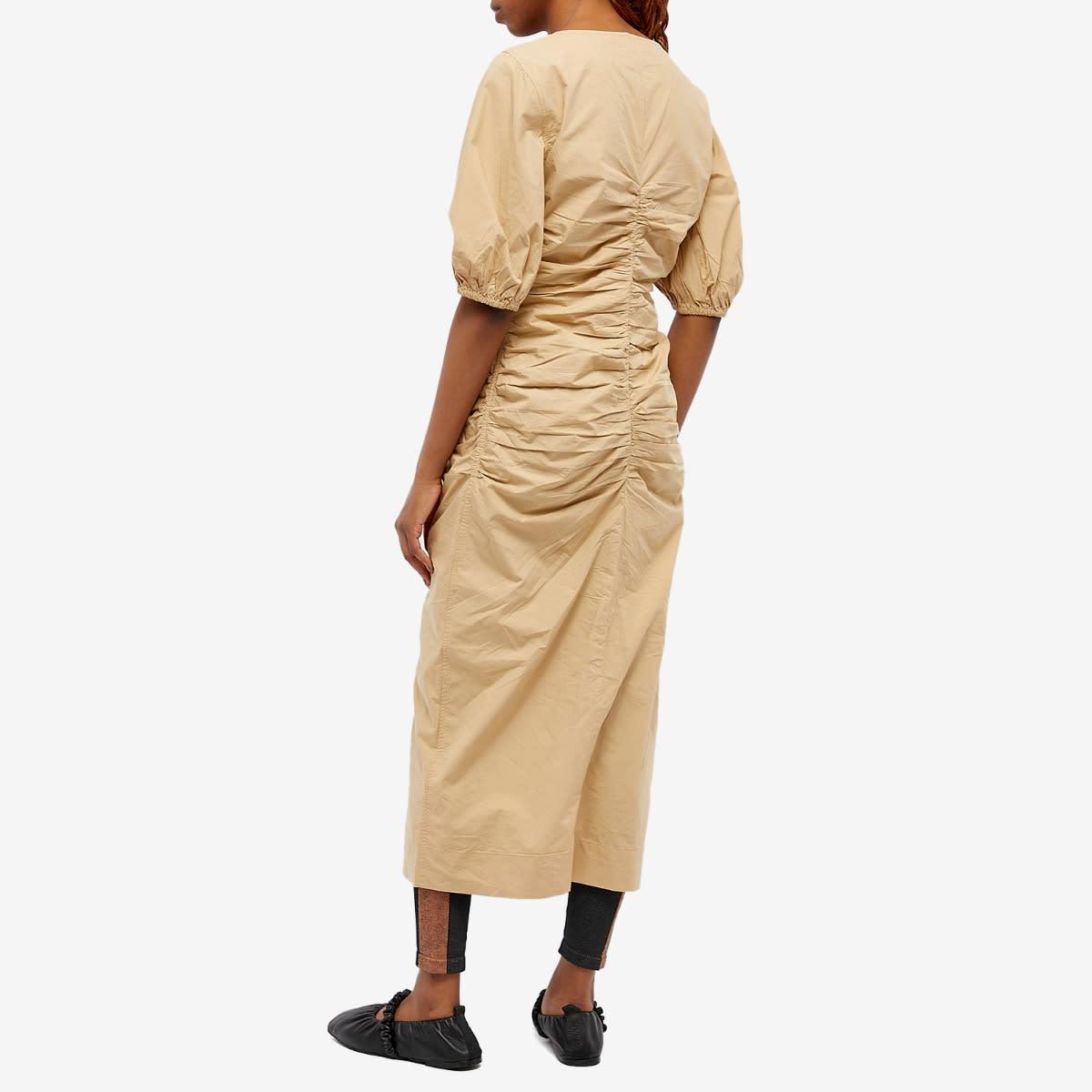 Ganni Short Sleeve Cotton Poplin Gathered Open-neck Maxi Dress In Nude