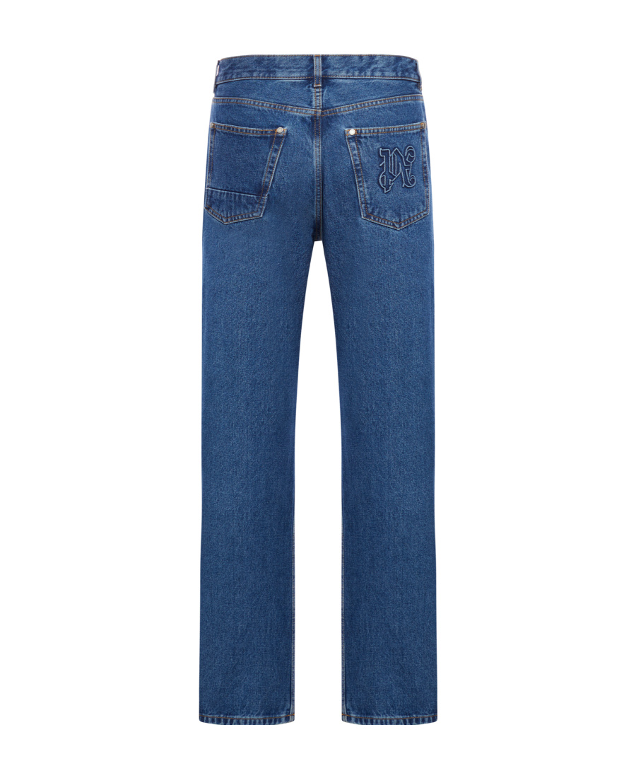 Palm Angels Monogram Detailed Straight Leg Jeans In Blue