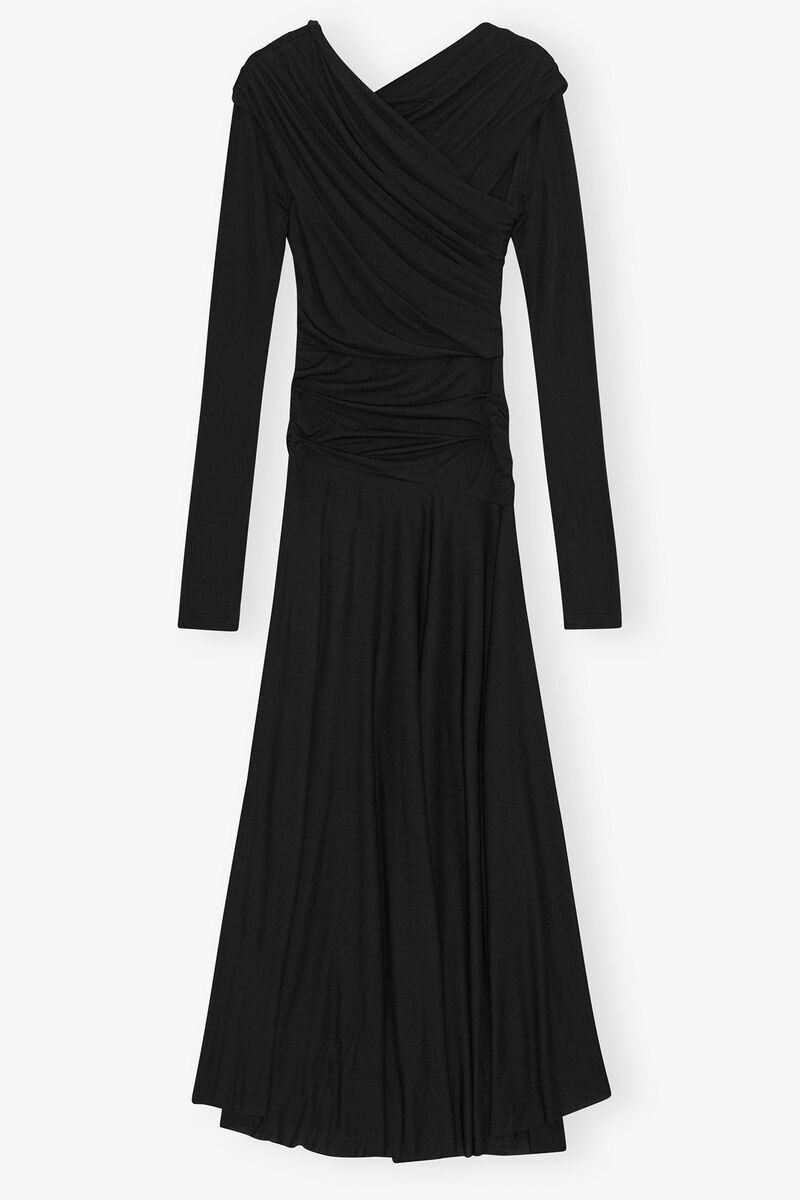 Ganni Interlock Jersey Crossover Ruched Long Dress Dresses Black In Black