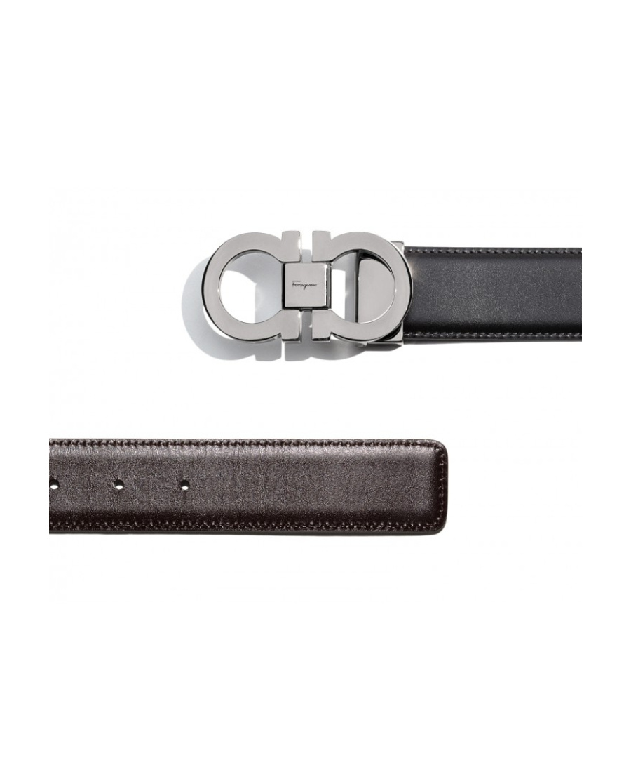 Ferragamo Black And Brown Reversible Belt With Gancini Detail In Smooth Leather Man In Black