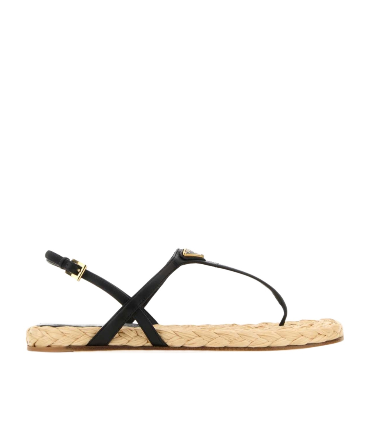 Prada Triangle Logo Raffia And Leather Flat Sandals In Black