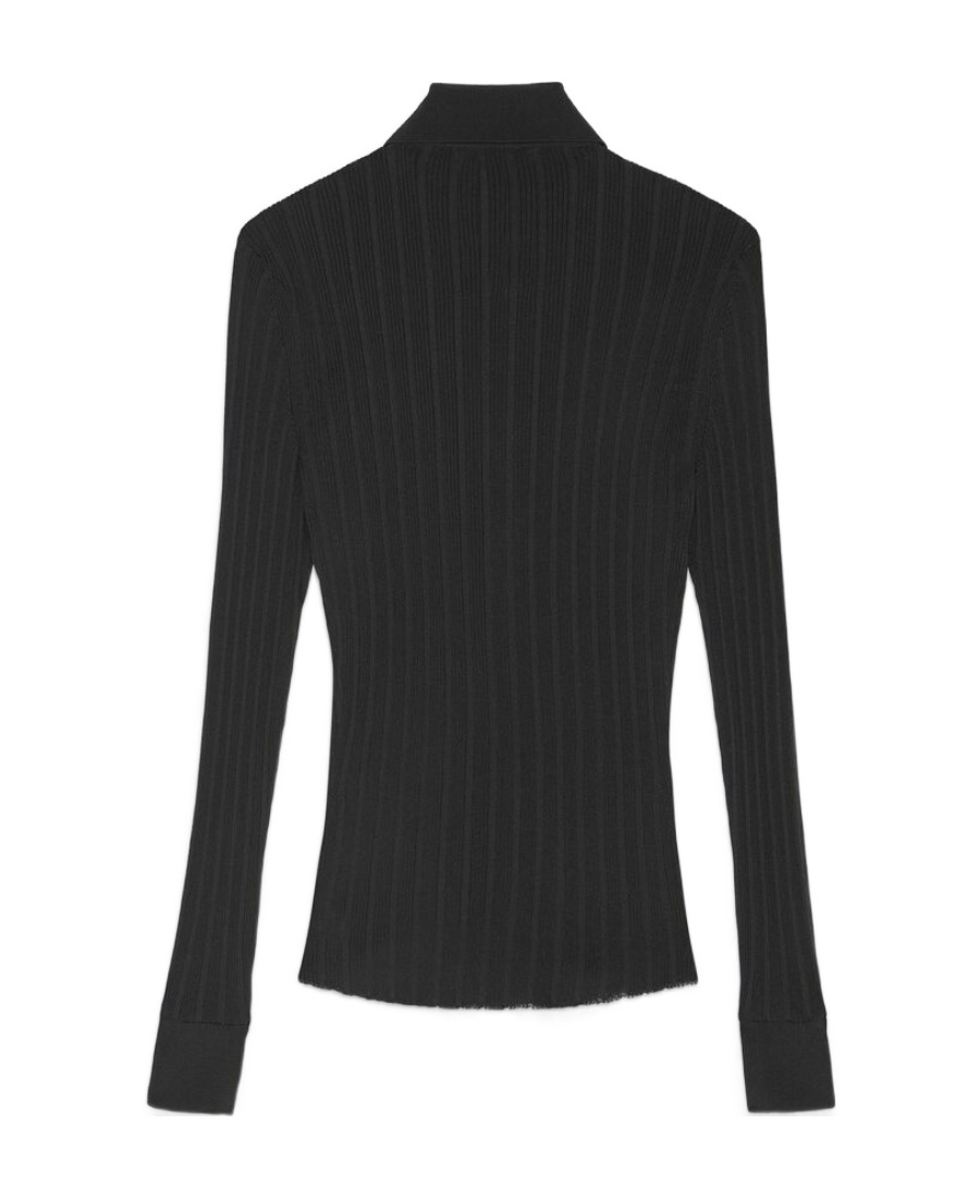 Saint Laurent Ribbed-knit Polo Top In Black