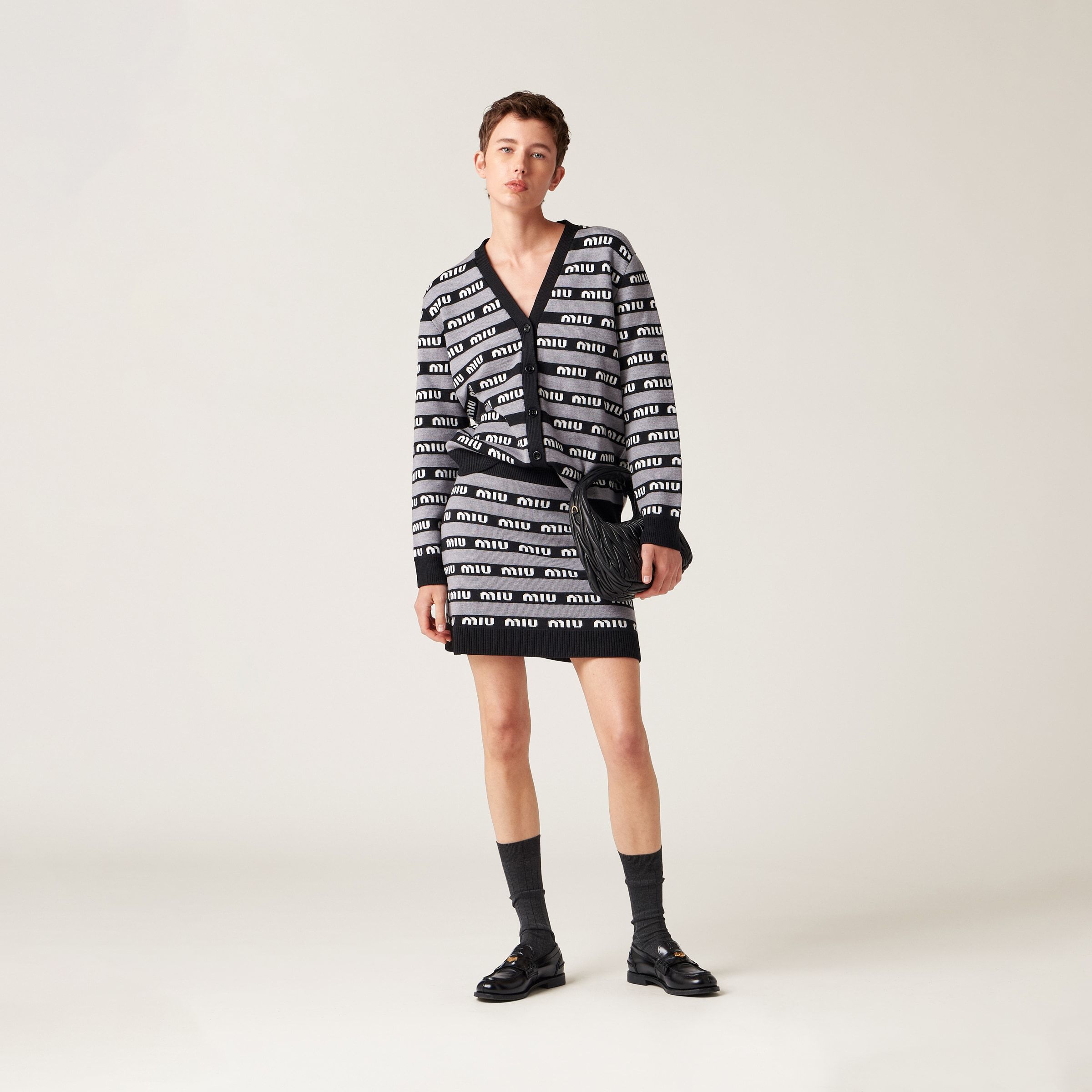 Miu Miu Logo-intarsia Wool Miniskirt In Black