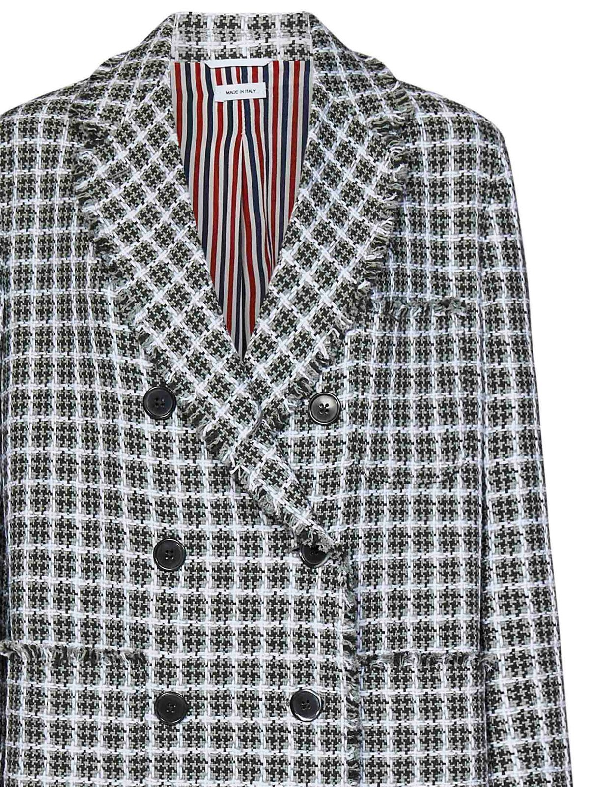Thom Browne Frayed Edge Checked Coat In Medium Gray