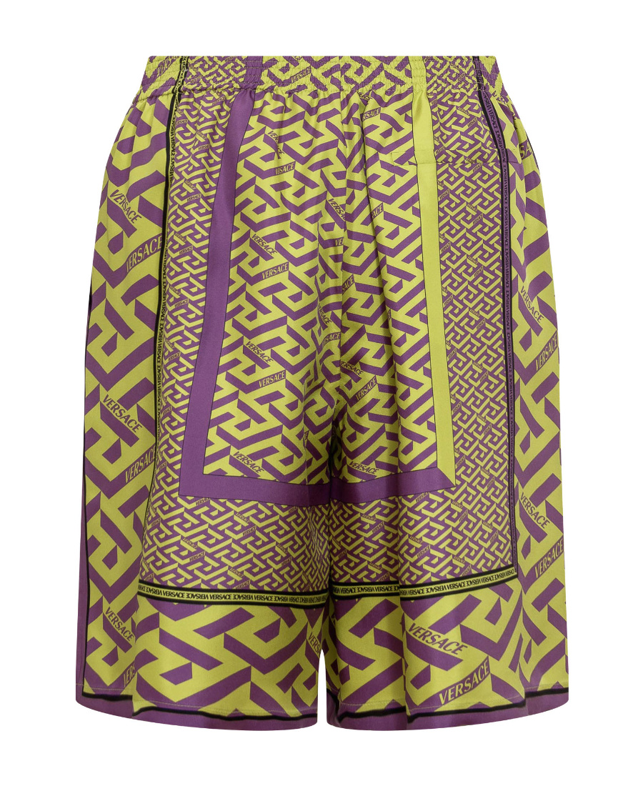 Versace La Greca-print Silk Shorts In Green