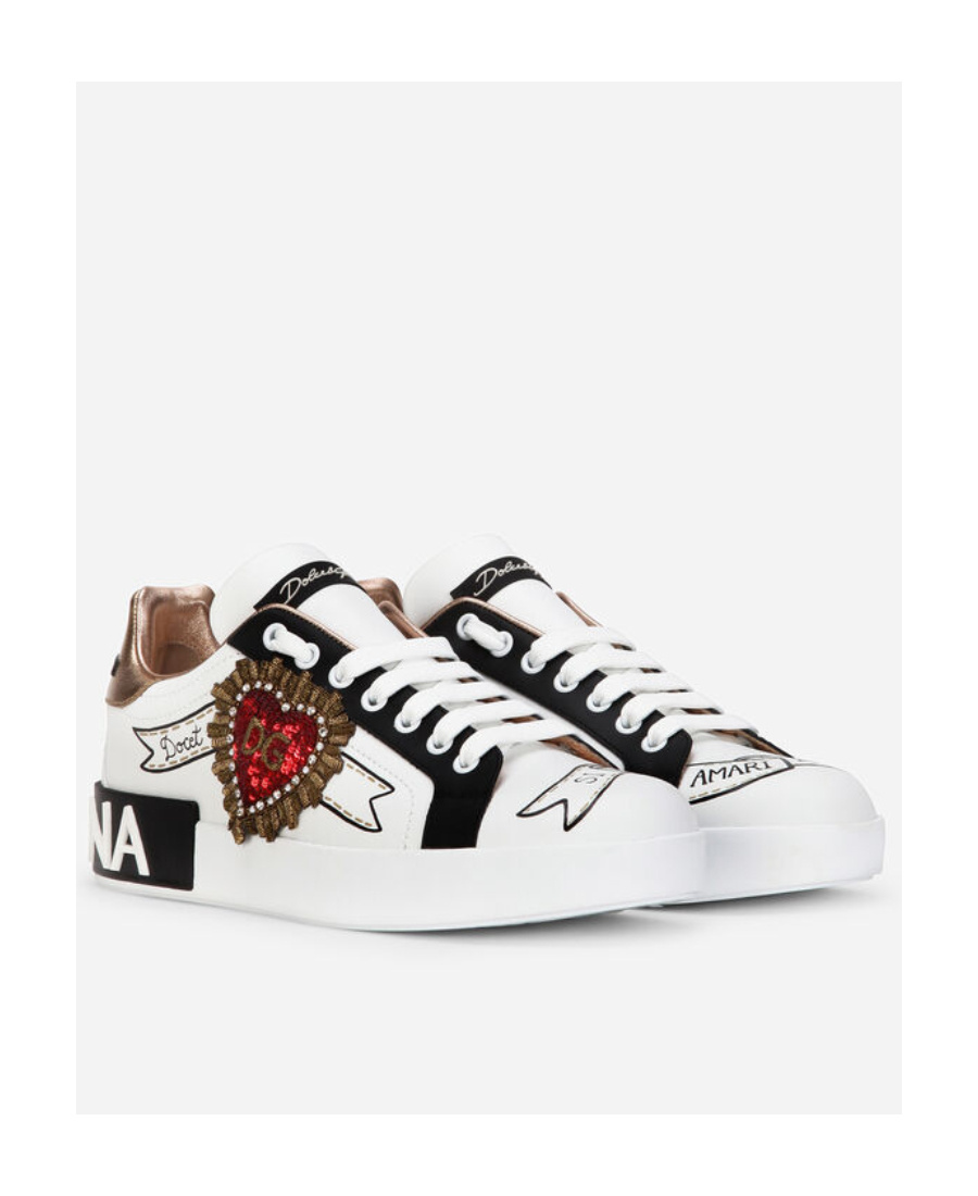 Dolce & Gabbana Calfskin Portofino Sneakers With Embroidery In White