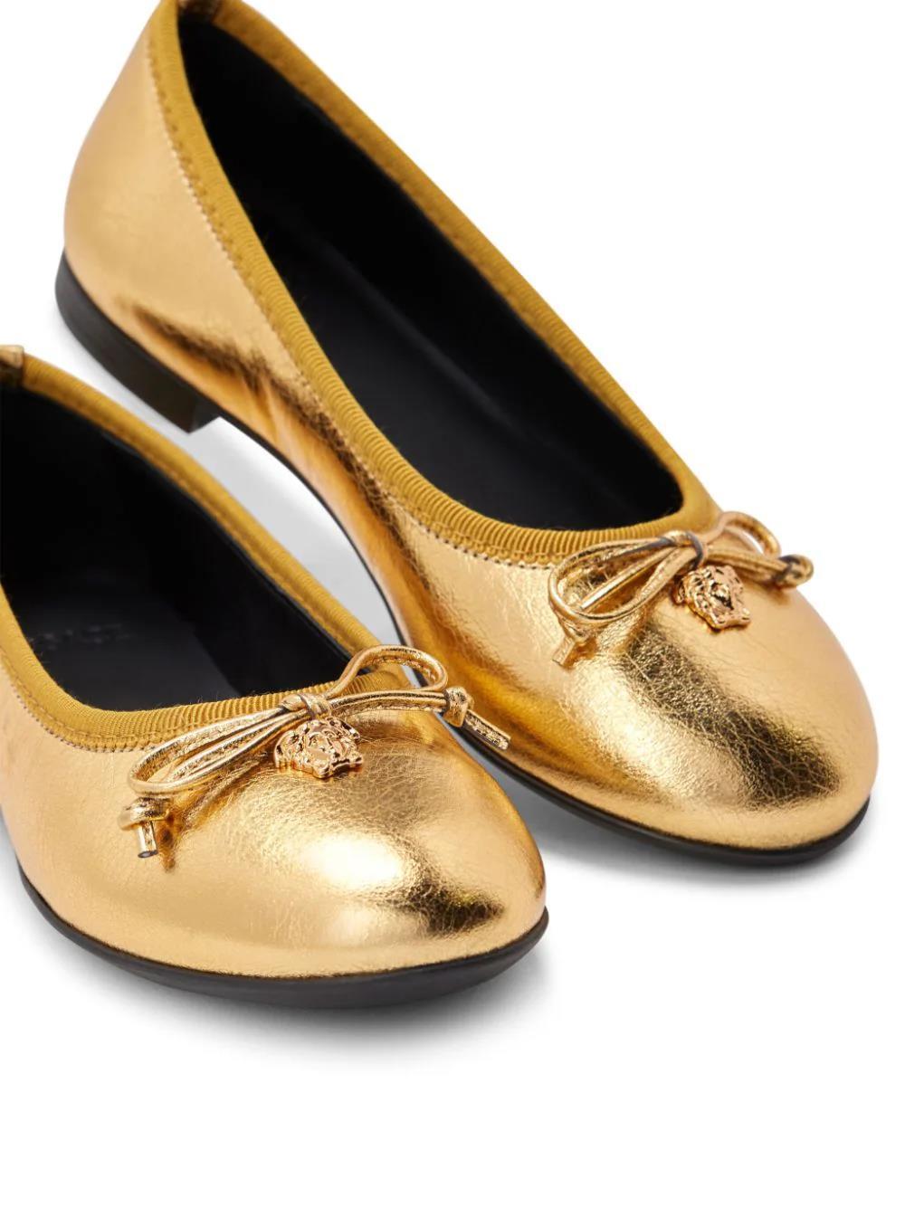 Versace Girls Gold Medusa Leather Ballerinas In Nude