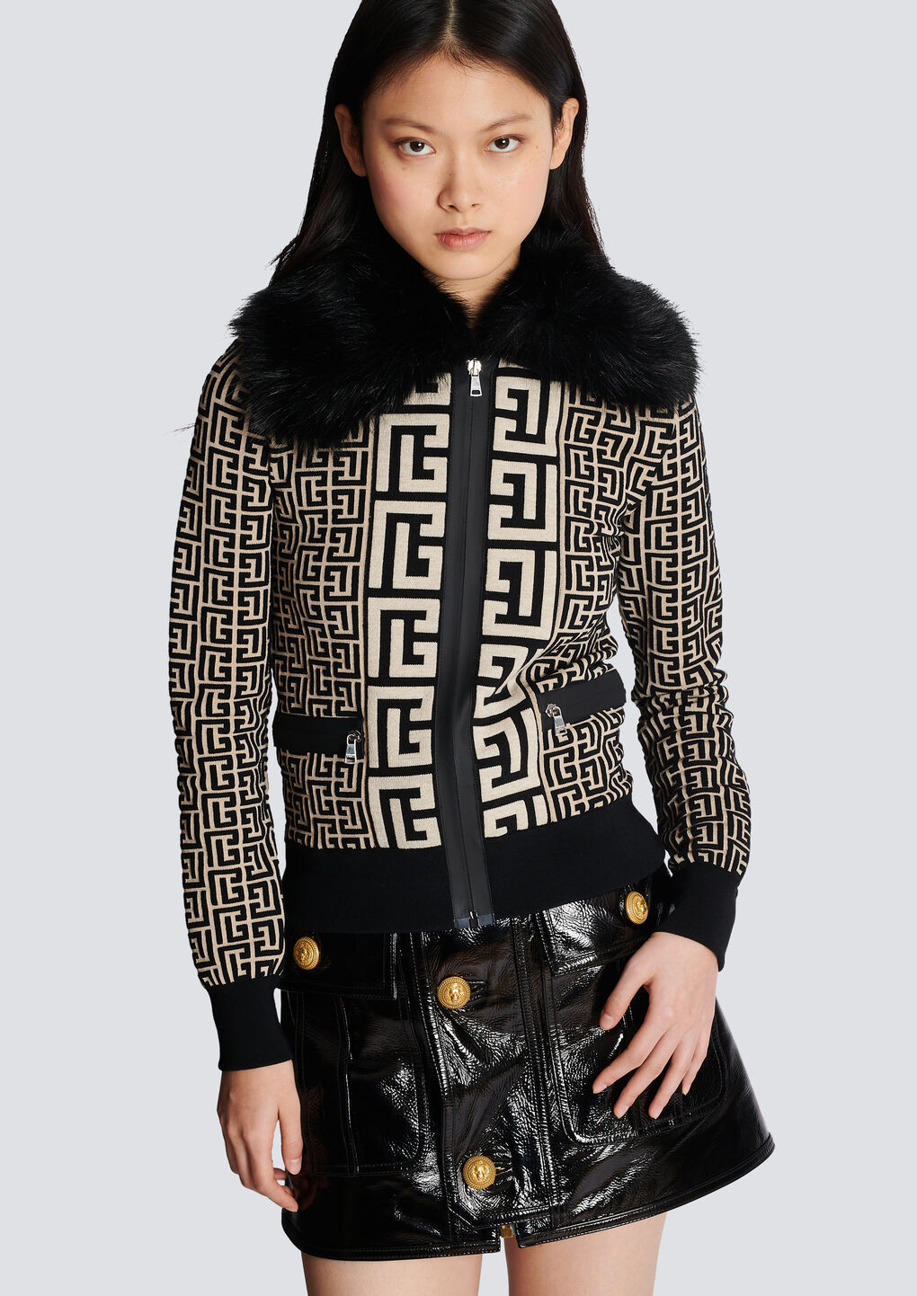 Balmain Monogrammed Knit Jacket With Faux Fur In Black