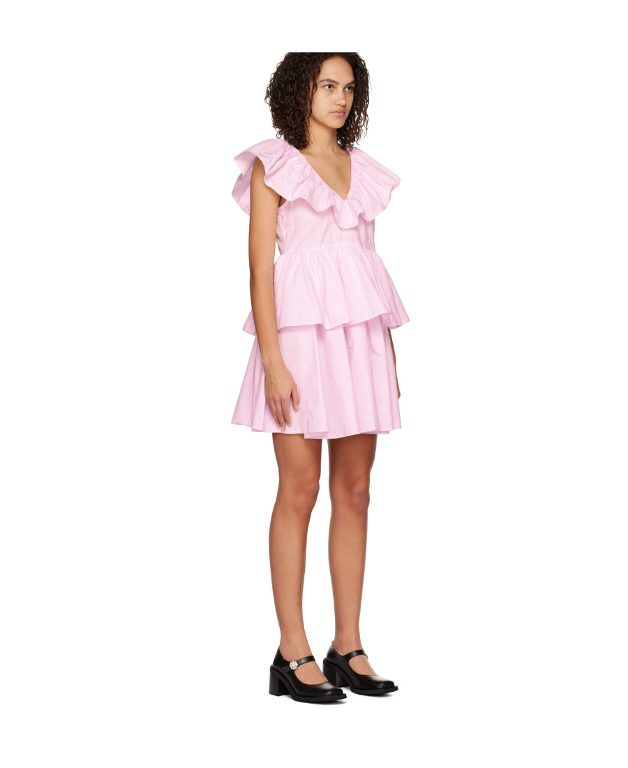 Ganni A V-collar Dress With Lotus Leaf Edge In Pink
