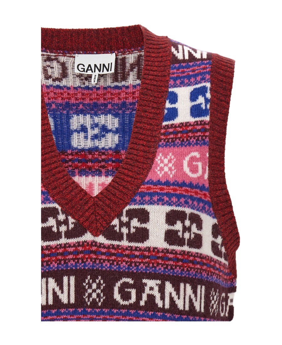 Ganni Logo Jacquard Wool-blend Sweater Vest In Red