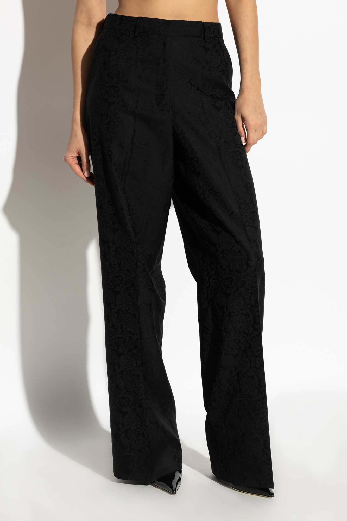 Etro Patterned Jacquard Pressed Crease Trousers In Black