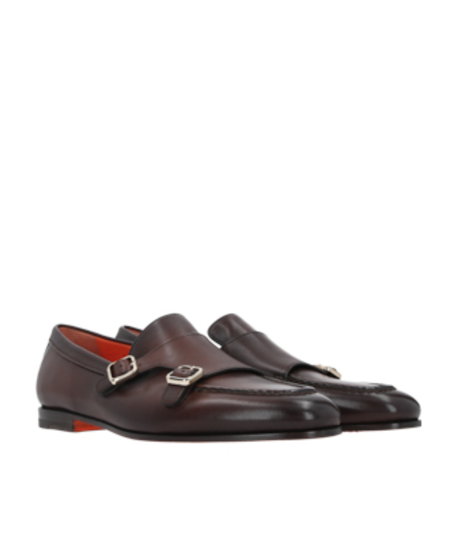 Santoni Double Monk Strap Loafers With Buckle Detailing In Brown