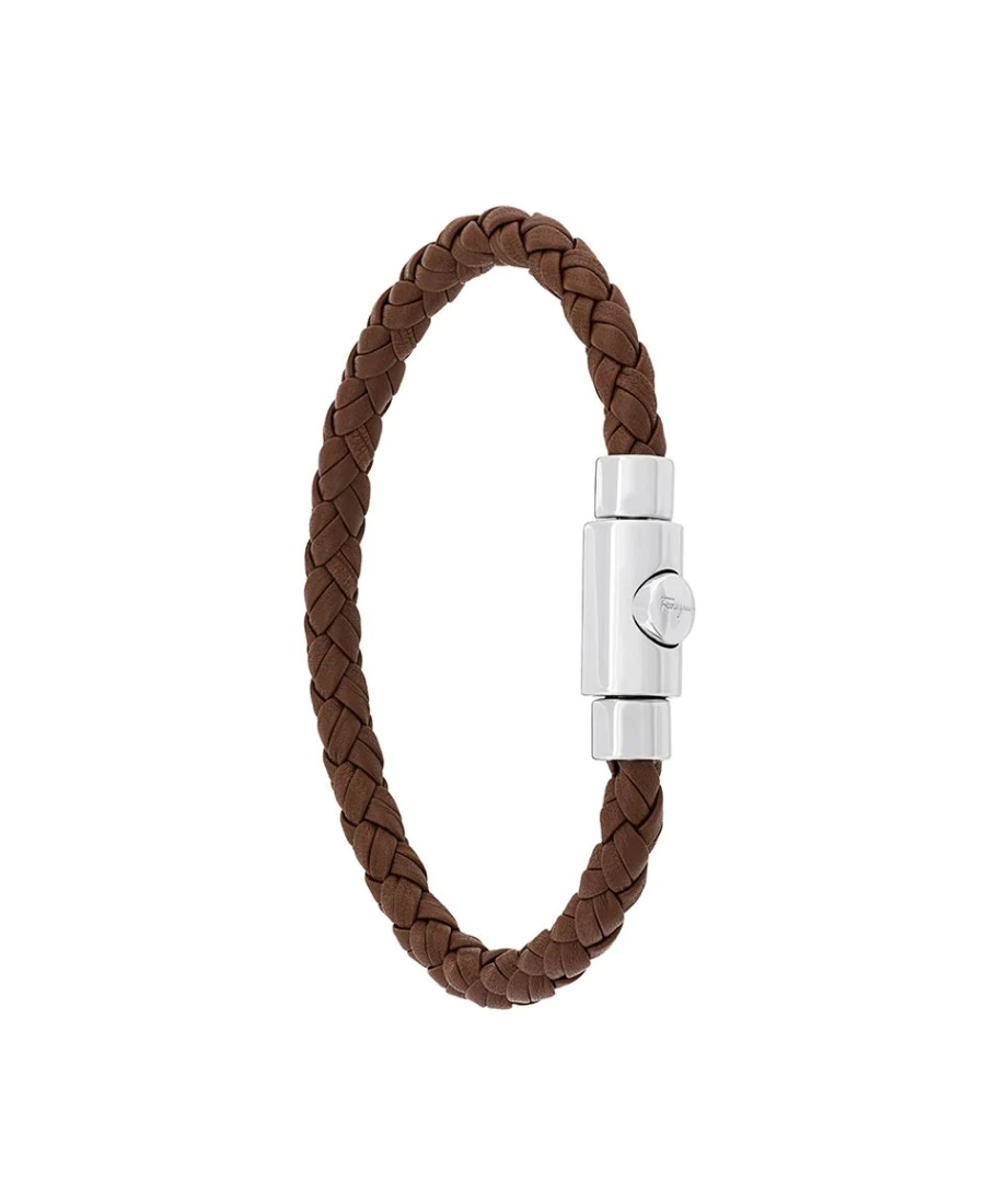 Ferragamo Braided Leather Bracelet With Palladium Finishing In Yellow