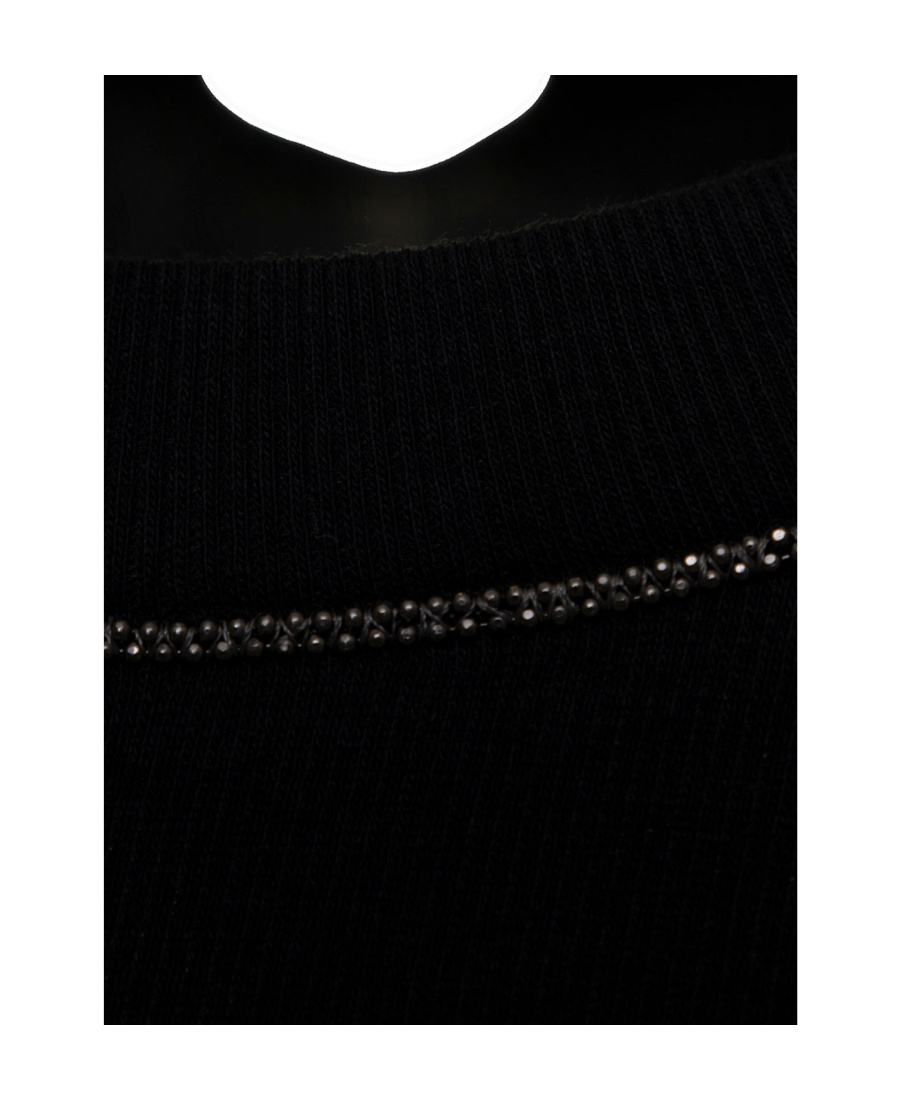 Brunello Cucinelli Womans Long-sleeved Black Cotton T-shirt With Monile Crew Neck