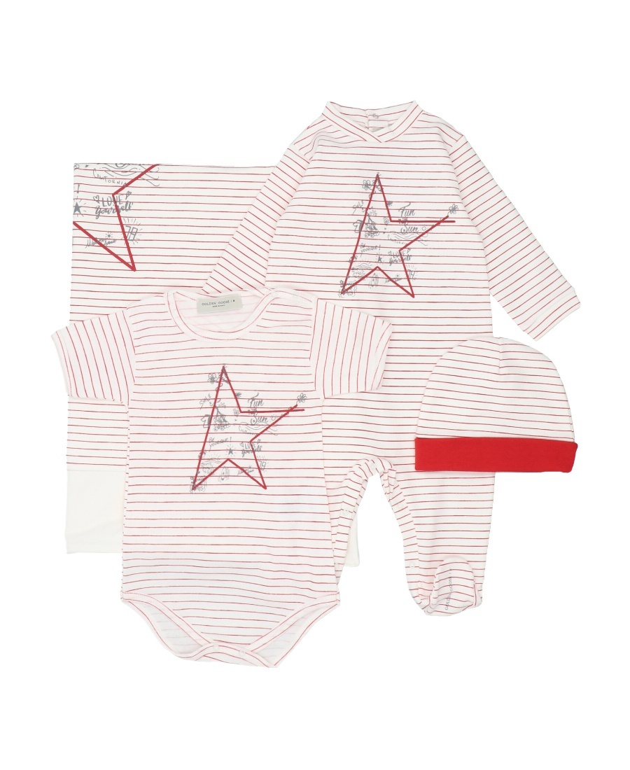 GOLDEN GOOSE BABY GIFT SET IN ECRU COTTON WITH RED STAR AND STRIPES