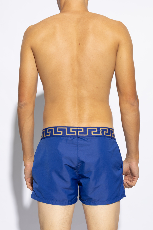 Versace Blue Swim Shorts With Elastic Waist With Greca Motif In Tech Fabric Man In Blue