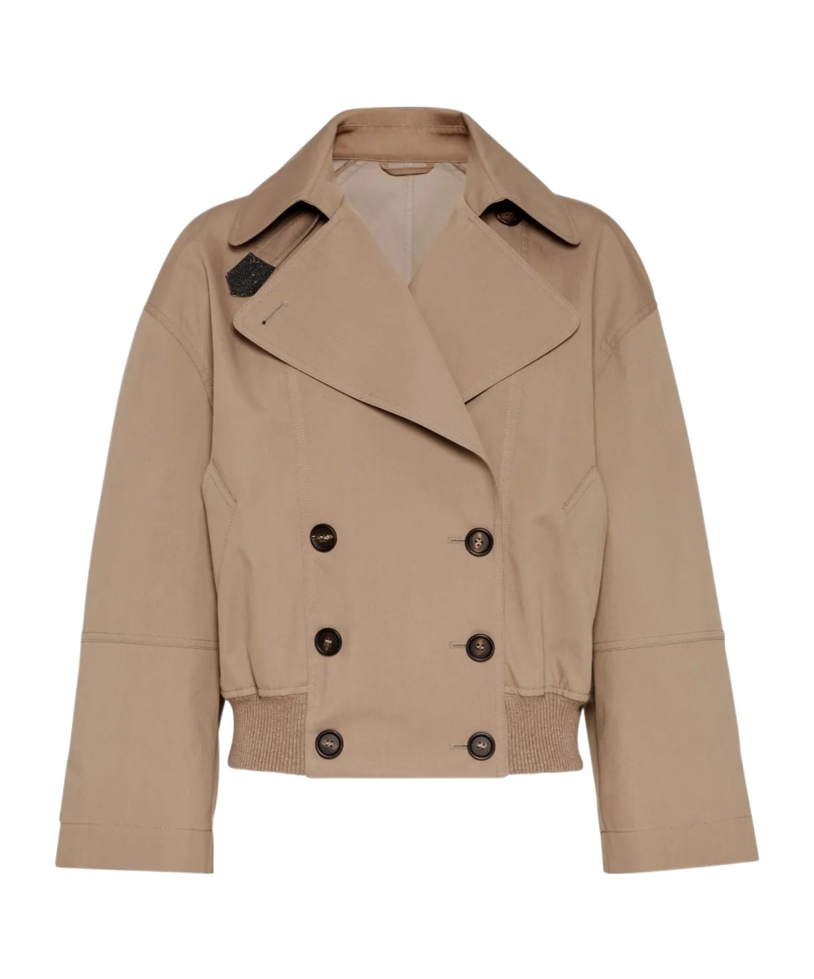 Brunello Cucinelli Brown Double-breasted Crop Jacket With Windbreak Flap And Classic Wide Lapels In Brown