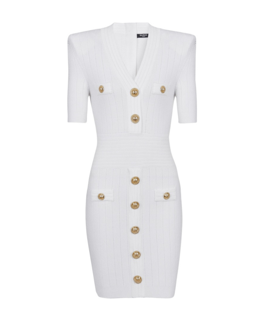 Balmain Button-embellished Ribbed-knit Minidress In White