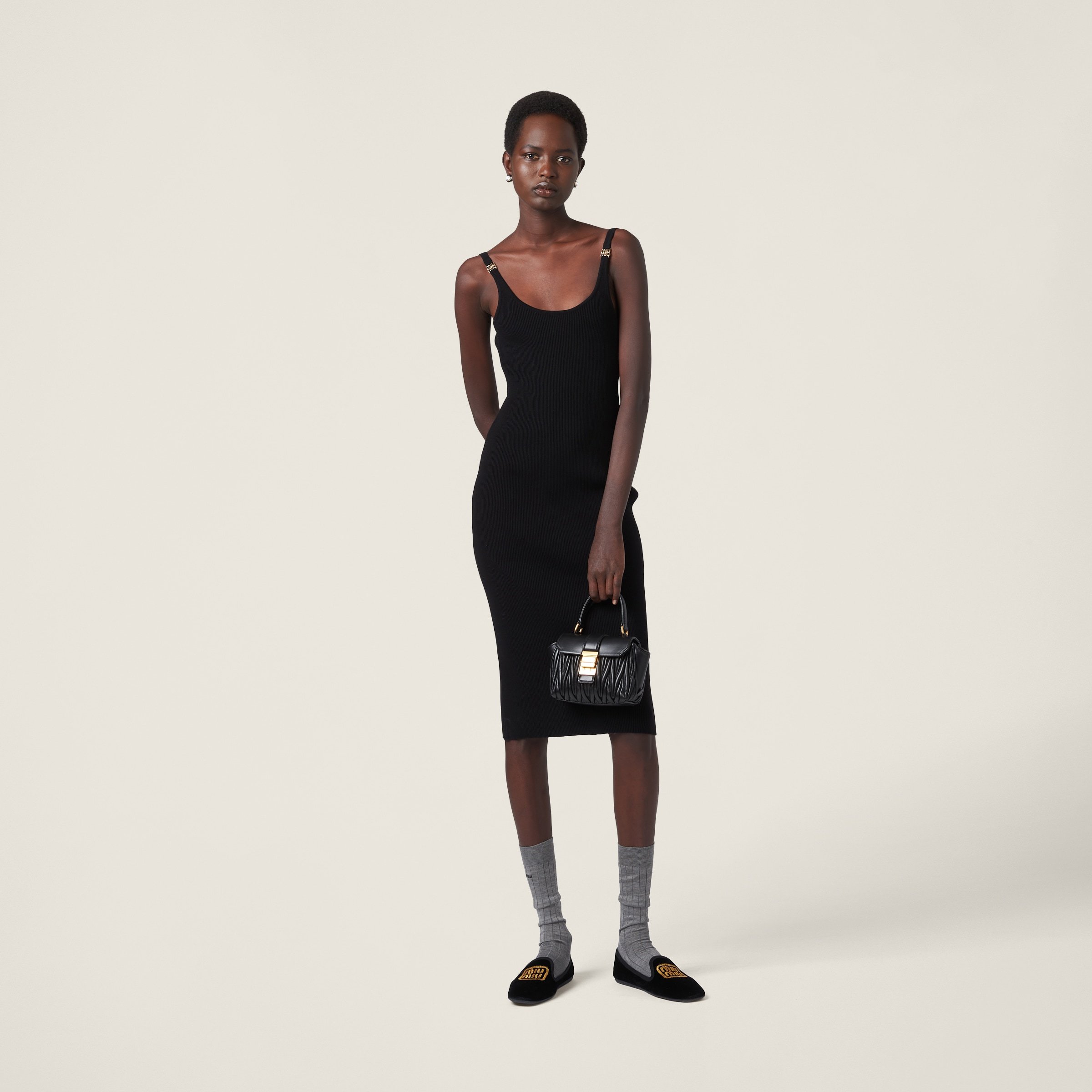 Miu Miu Ribbed Backless Metal Logo Midi Dress In Black