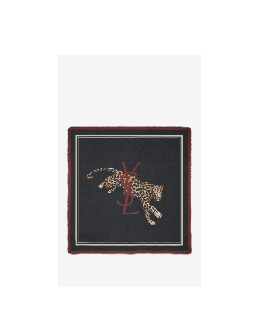 Saint Laurent Leopard-print Frayed Scarf In Green