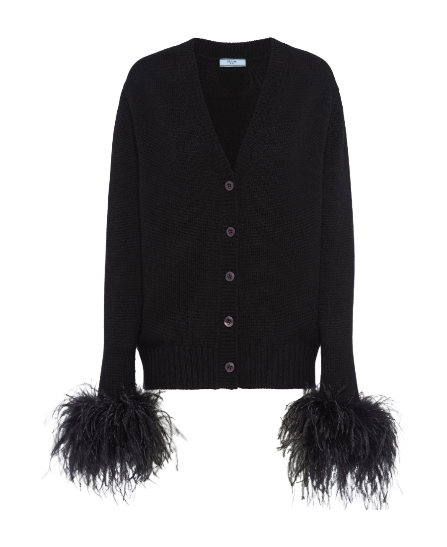 Prada Feather-trim Black Cashmere Cardigan With V-neck In Black