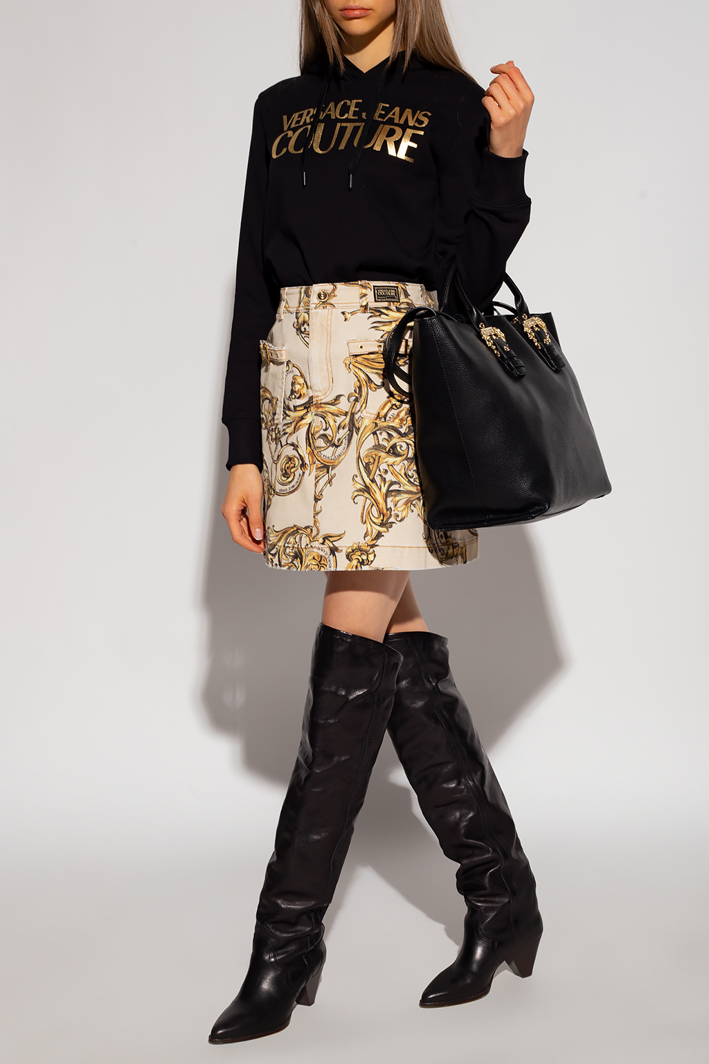 Versace Jeans Balog Printed Denim Skirt In Nude