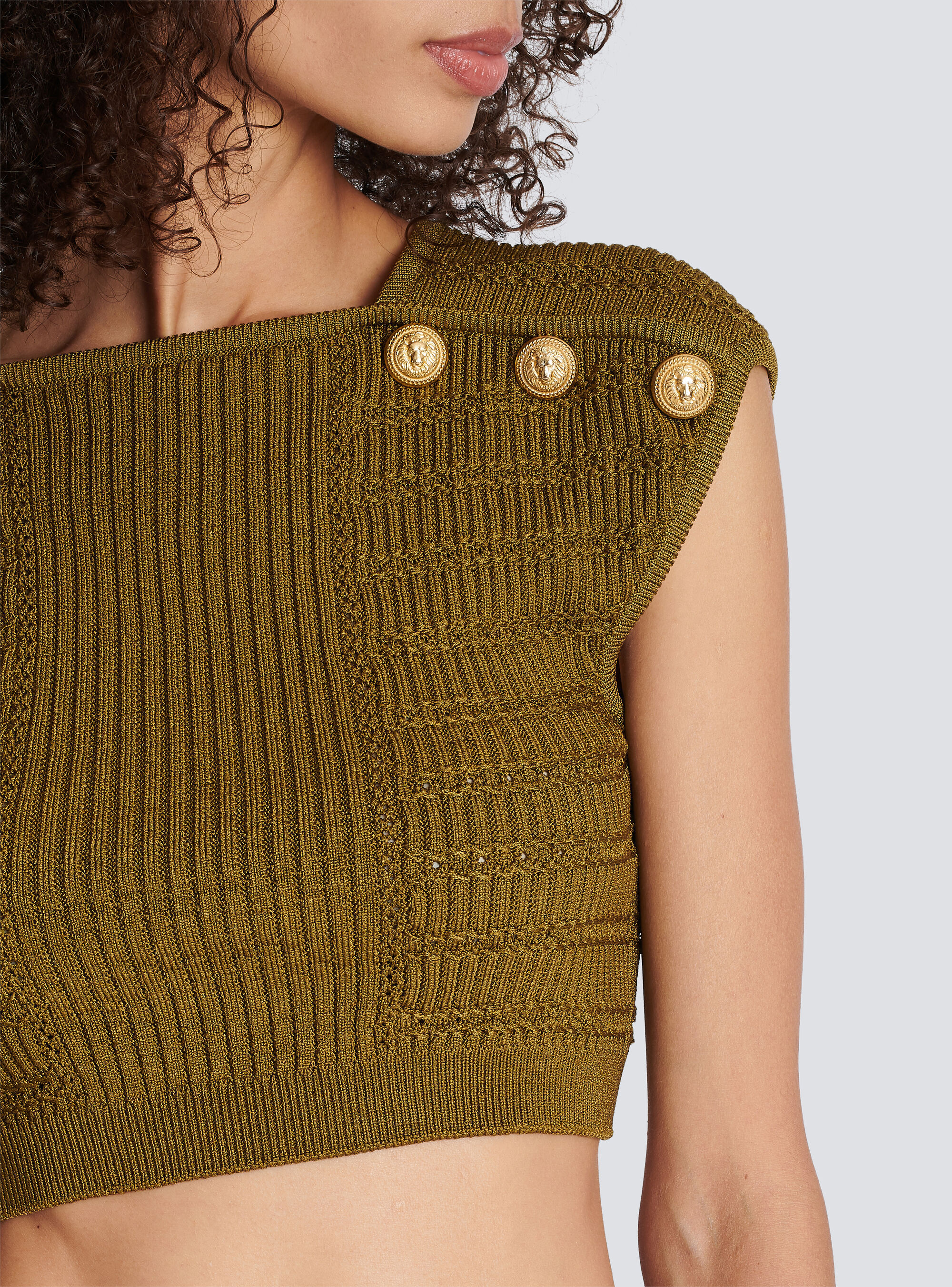 Balmain Knitted Button-detail Cropped Top In Green