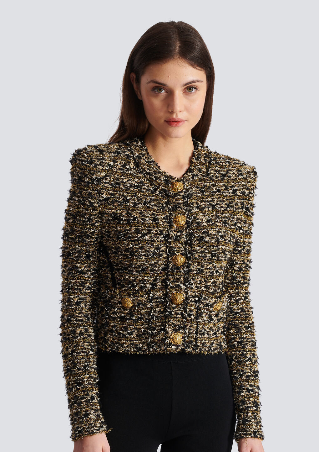 Shop Balmain Cropped Lurex Tweed Jacket In Brown