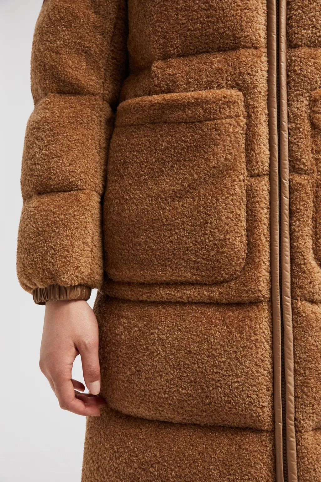 Shop Moncler Belcastel Teddy Long Down Jacket In Brown