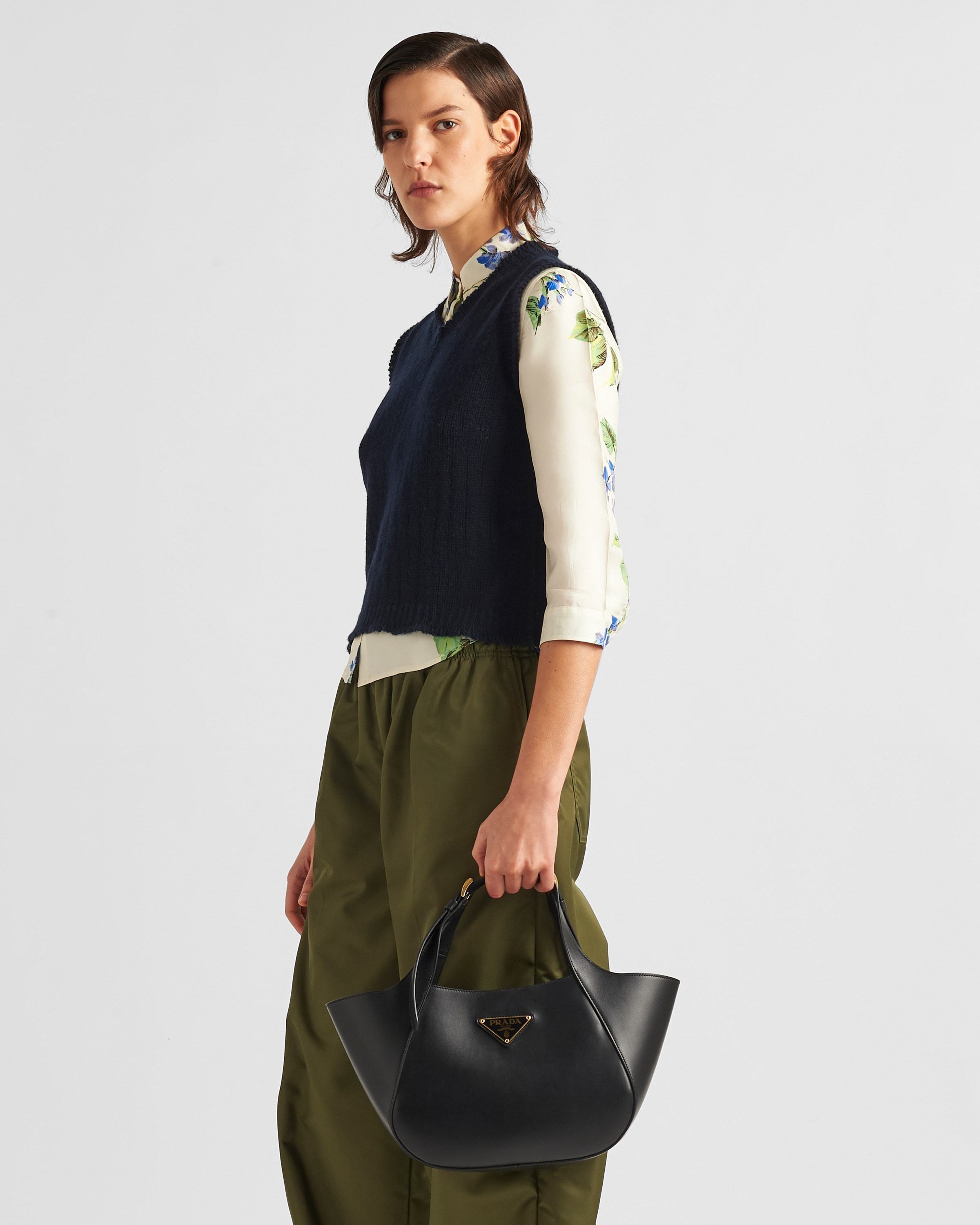 Prada Medium Leather Tote Bag In Black