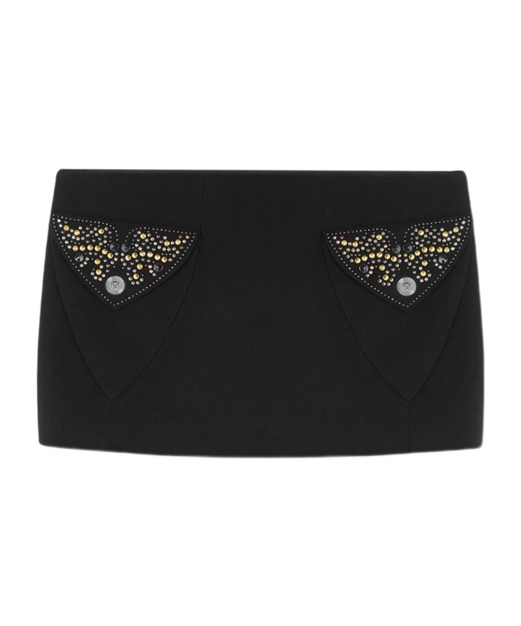 Versace Chic Fitted Mini Skirt With Embellished Pockets In Black
