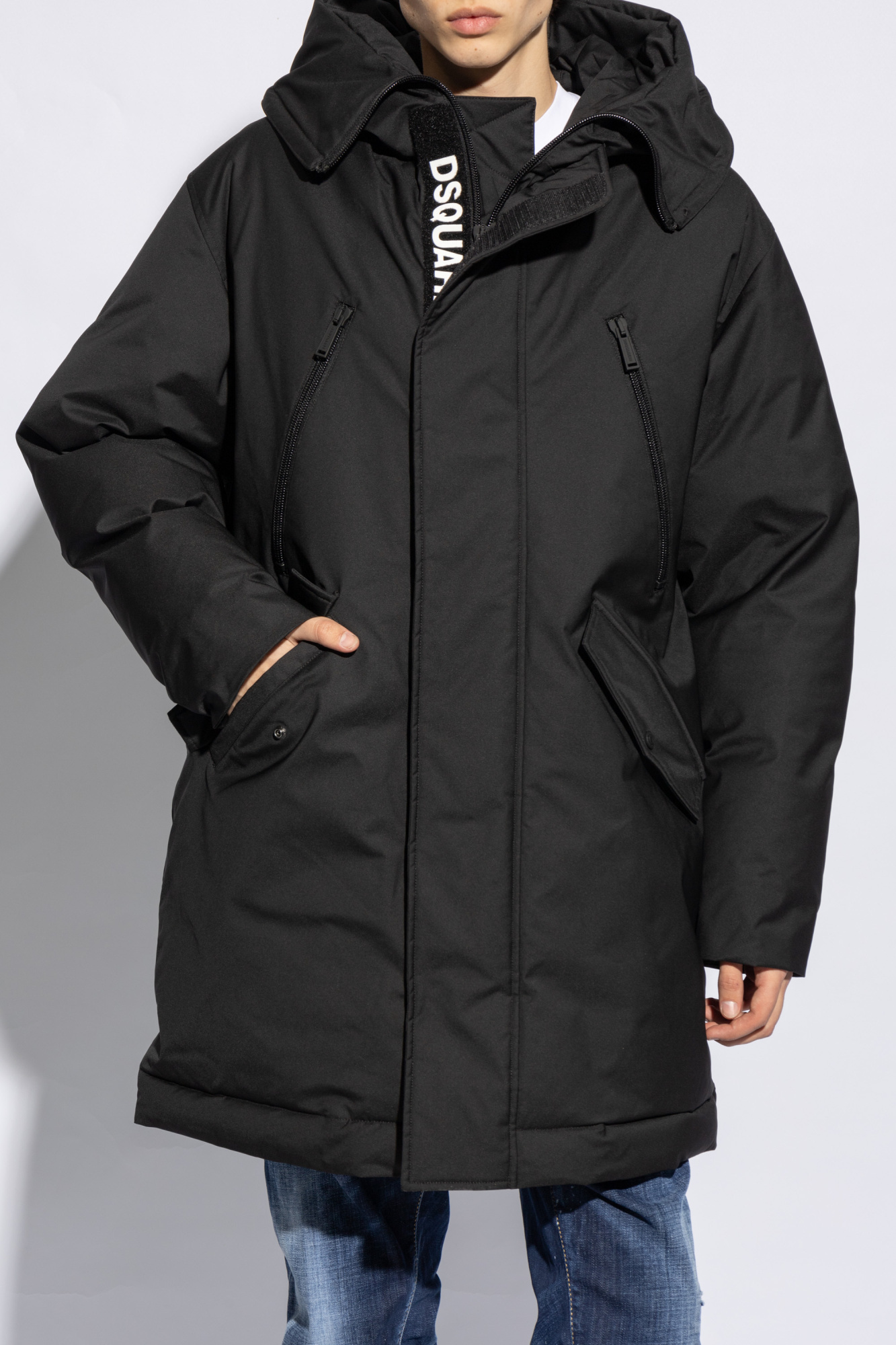 Dsquared2 Black Techno Down Polyester Parka With Hood In Black