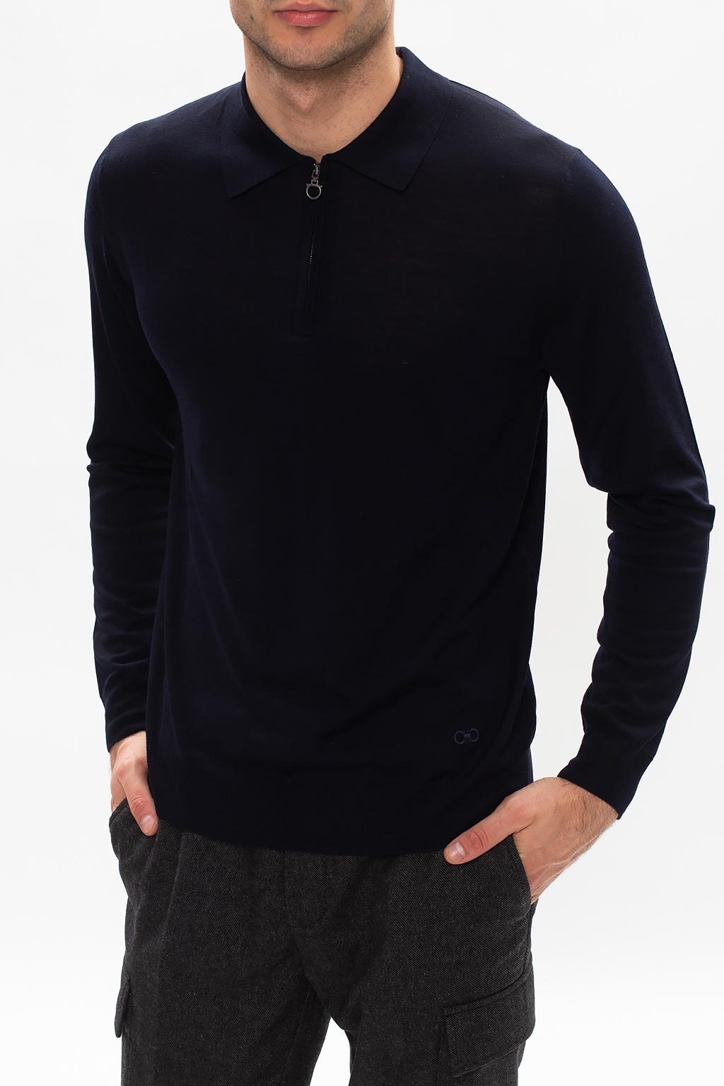 Ferragamo Gancini Zip-up Collar Knitted Sweater In Black
