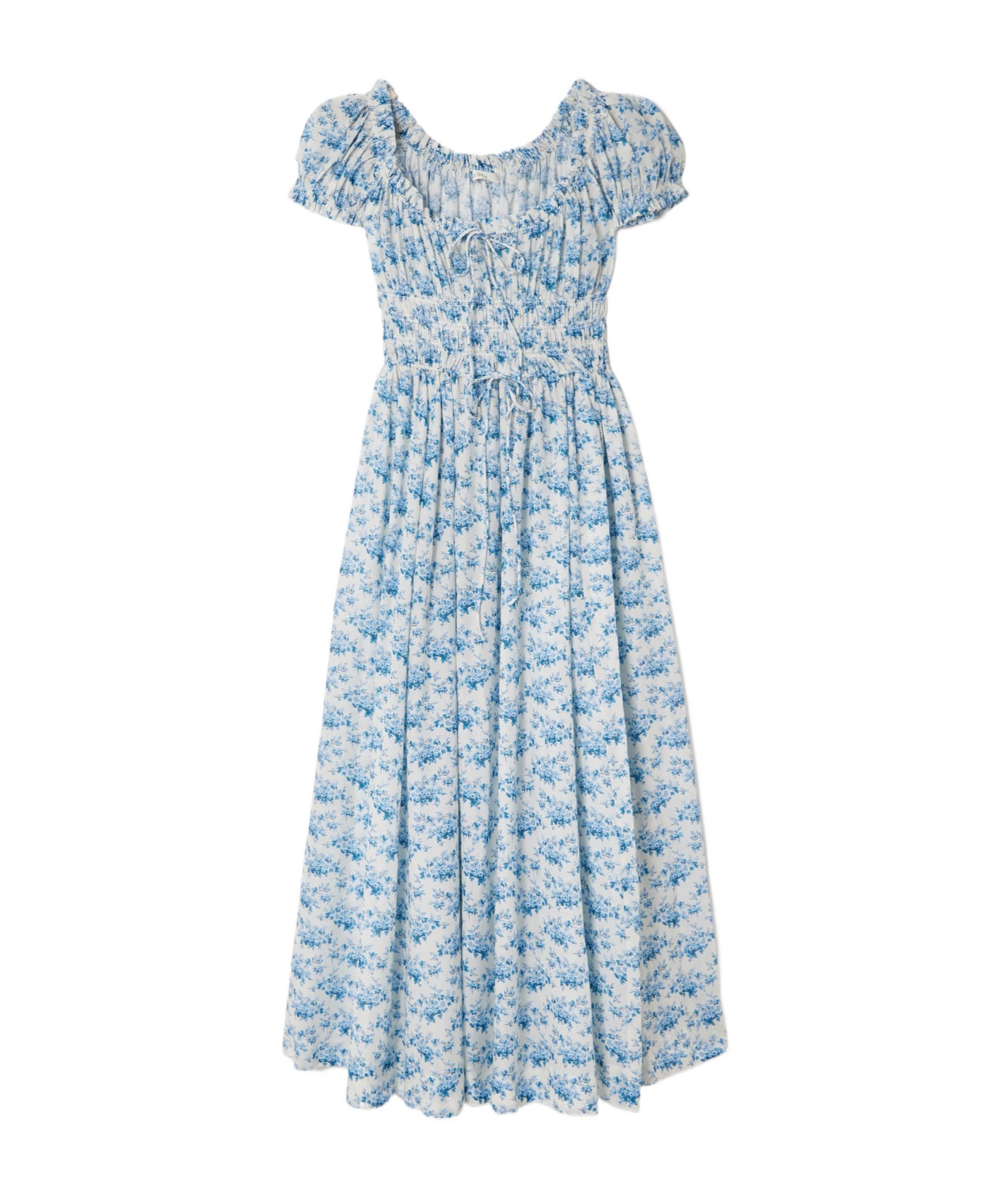 Doen Ashlynn Tie-detailed Shirred Floral-print Organic Cotton-voile Midi Dress In Blue