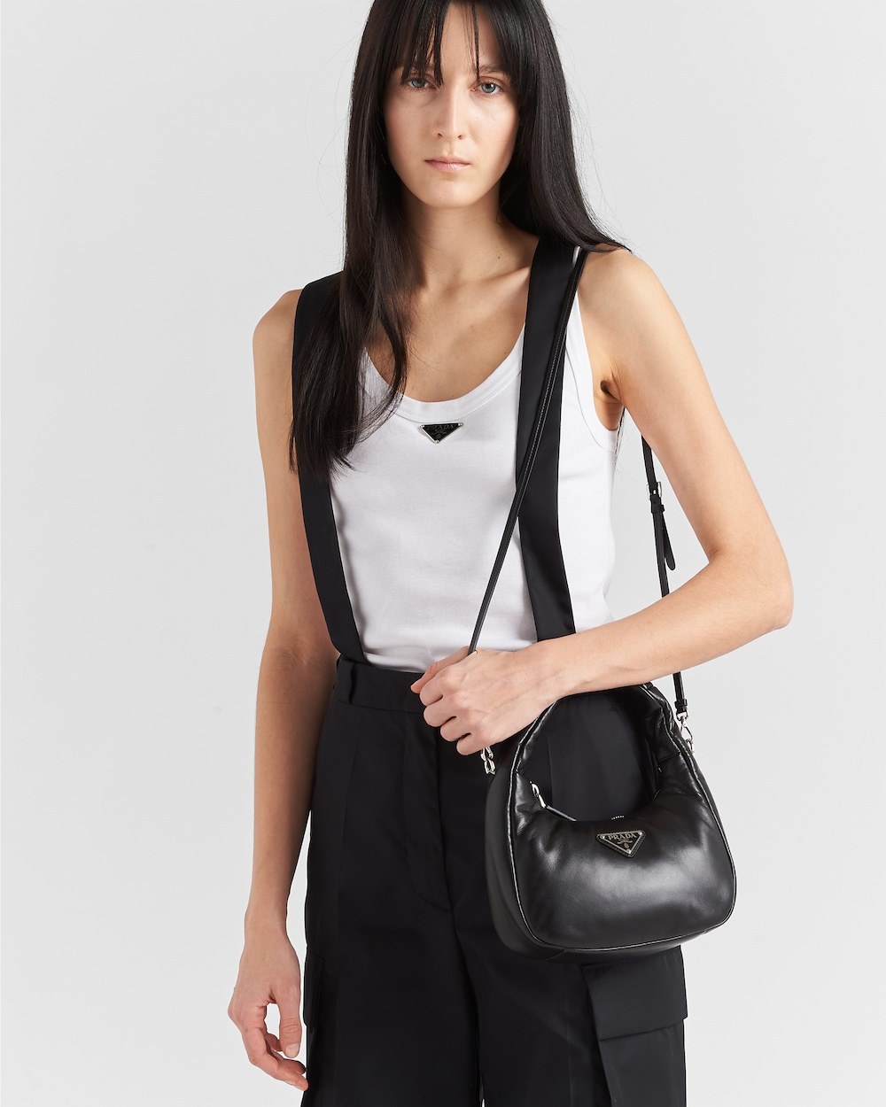Prada Enamel Triangle-logo Leather Shoulder Bag In Black