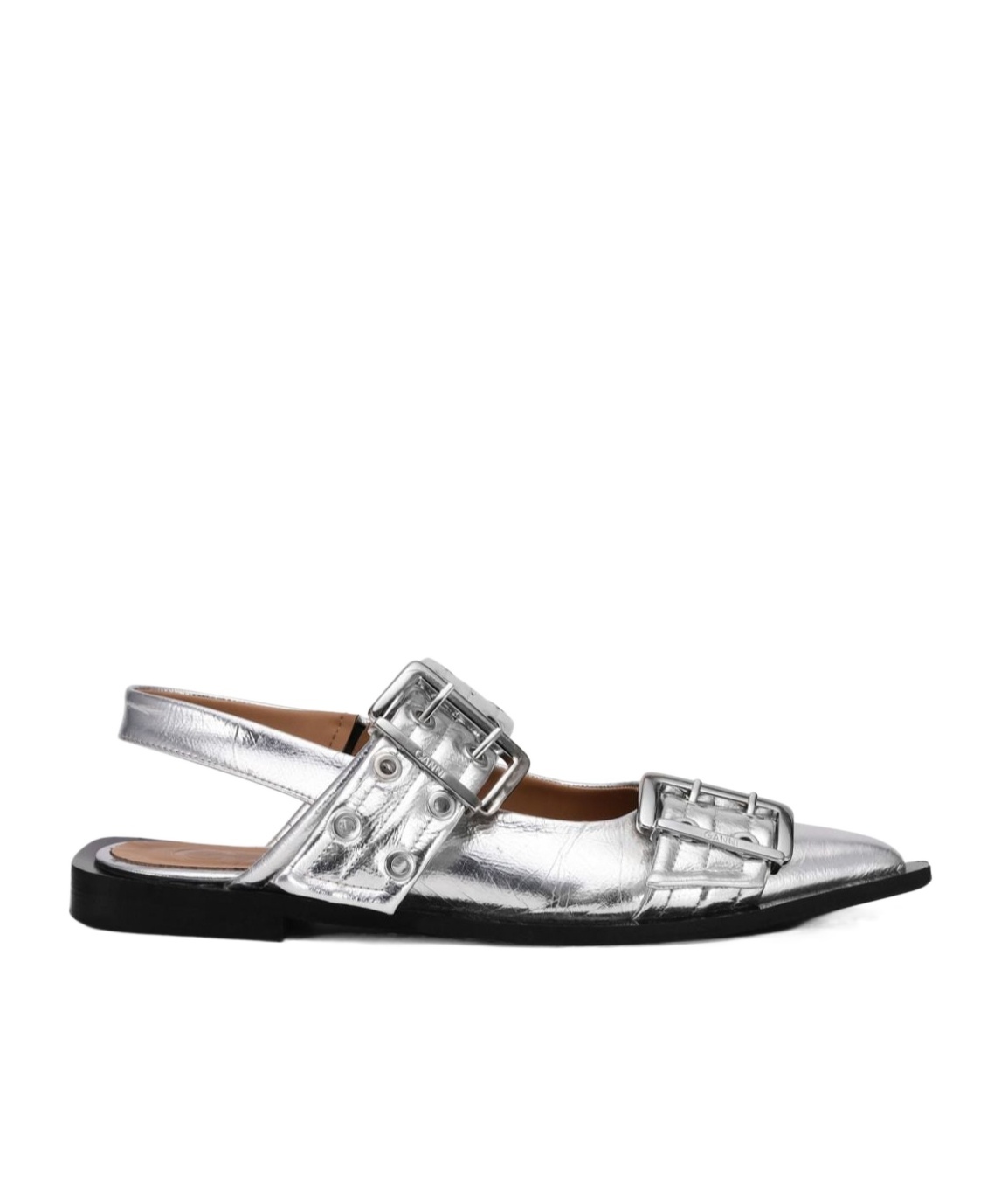 Ganni Buckle Metallic Ballerinas In Gray