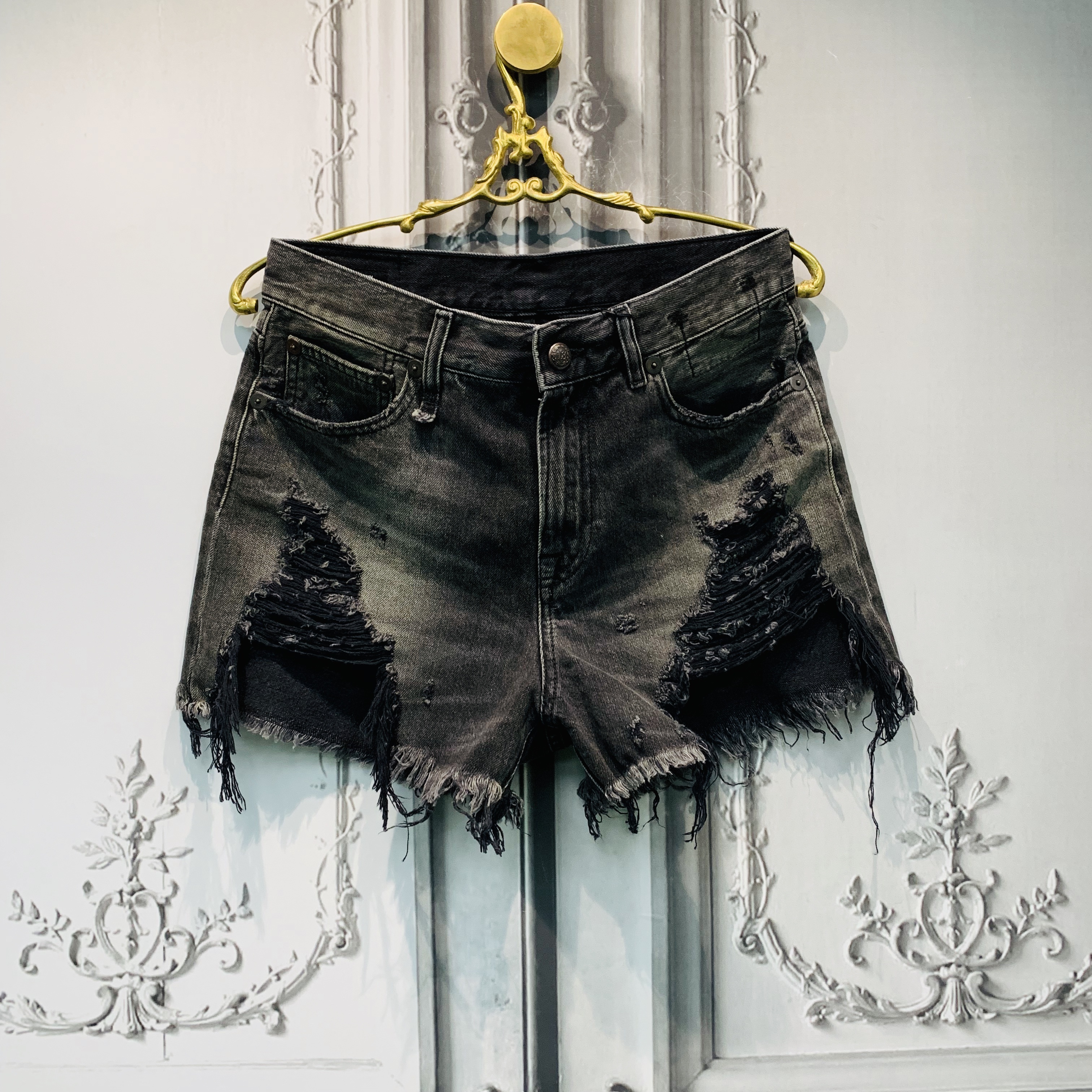 R13 High Rise Distressed Denim Shorts In Black