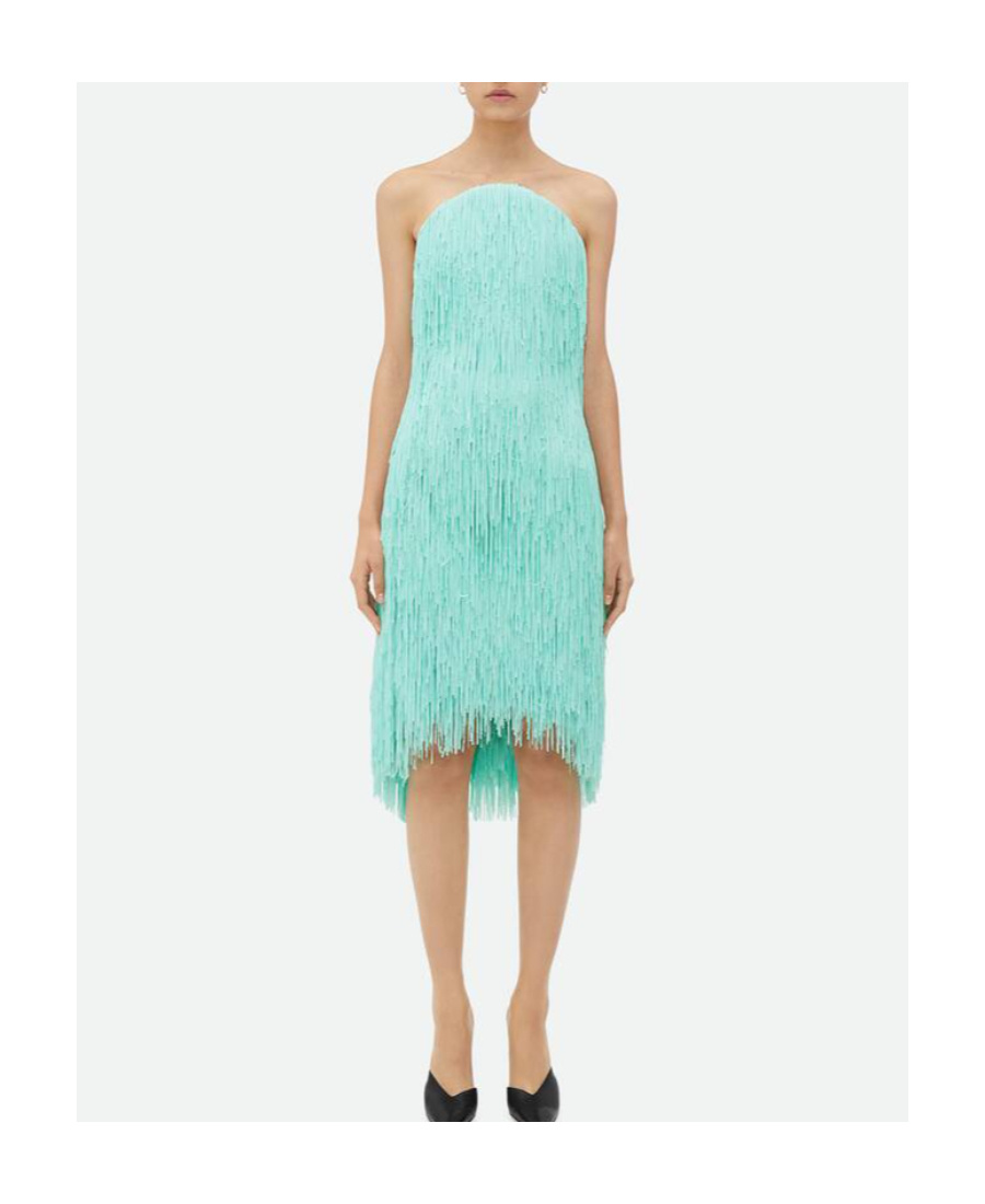 Bottega Veneta Sky Blue Fringed Midi Dress In Green